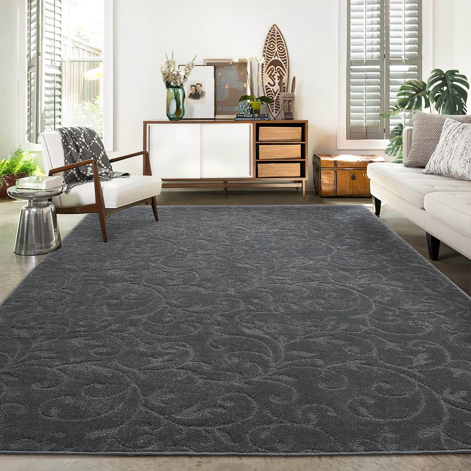 Garvee YXY-LO-PHO-0Z2ZGAAB 12 x 18 (ft) Loomed Polyester Gray Rectangular Indoor Floral/Botanical Tropical Machine washable Area rug