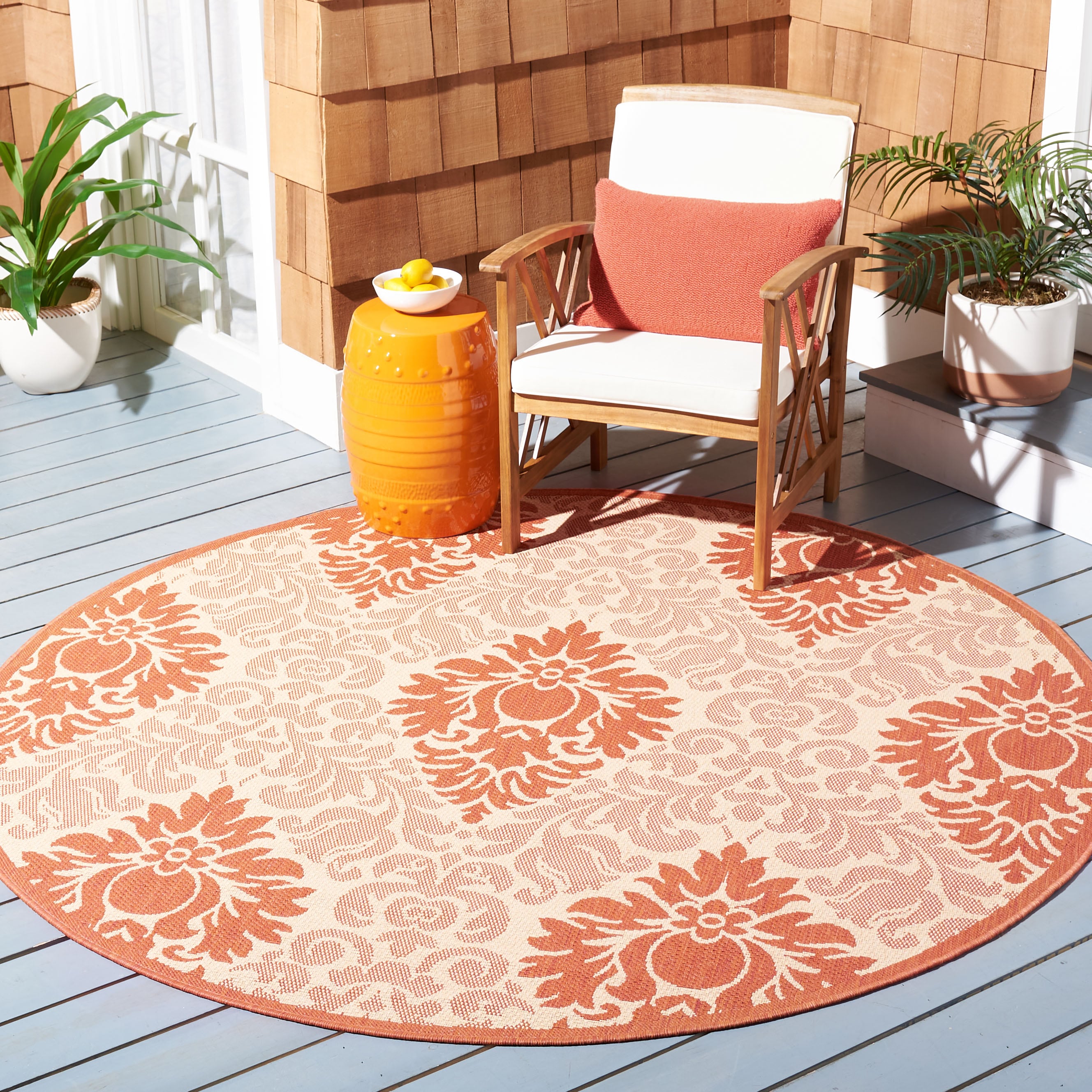 Safavieh CY2714-3201-7R Courtyard Harnesk 7 x 7 (ft) Loomed Polypropylene Natural/Terra Round Indoor/Outdoor Damask Area rug