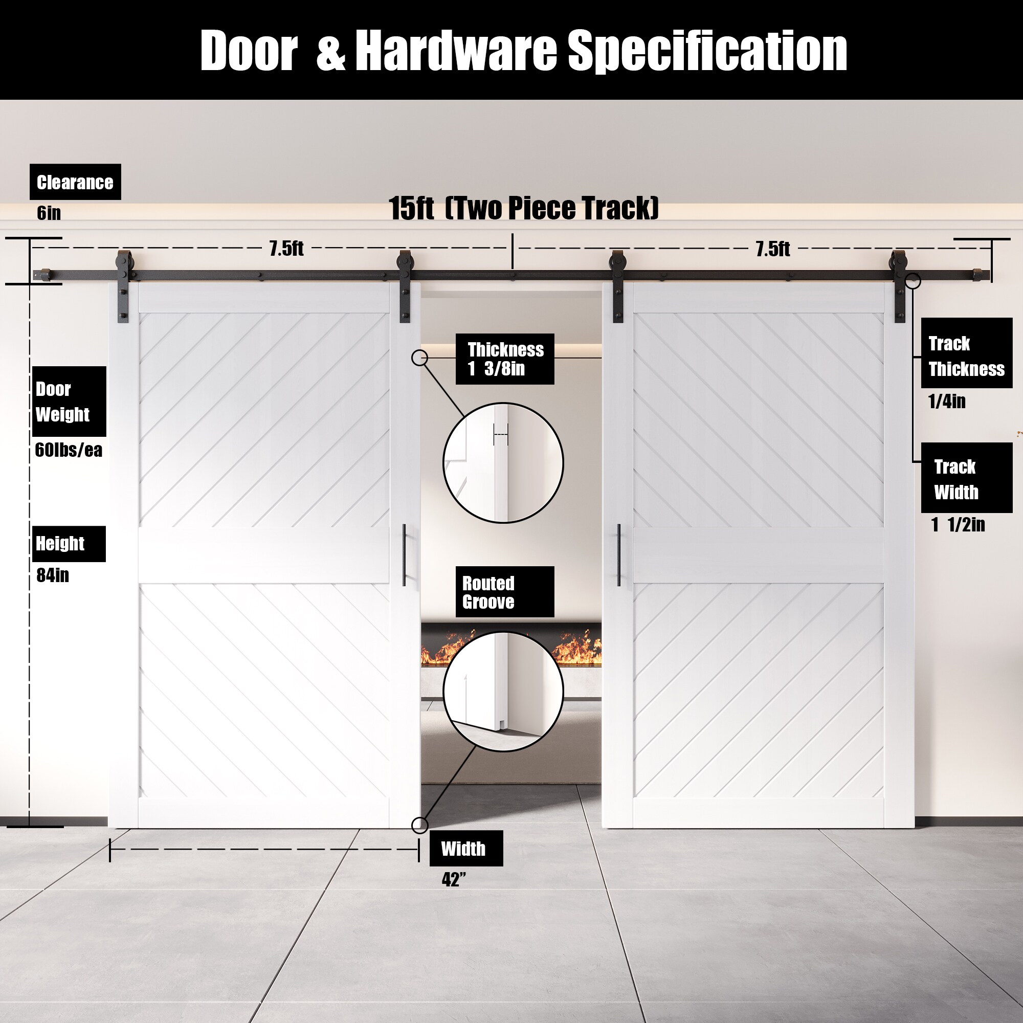 HOMACER YT2H180C-XT3-4284-WH Barn-Doors - View #2