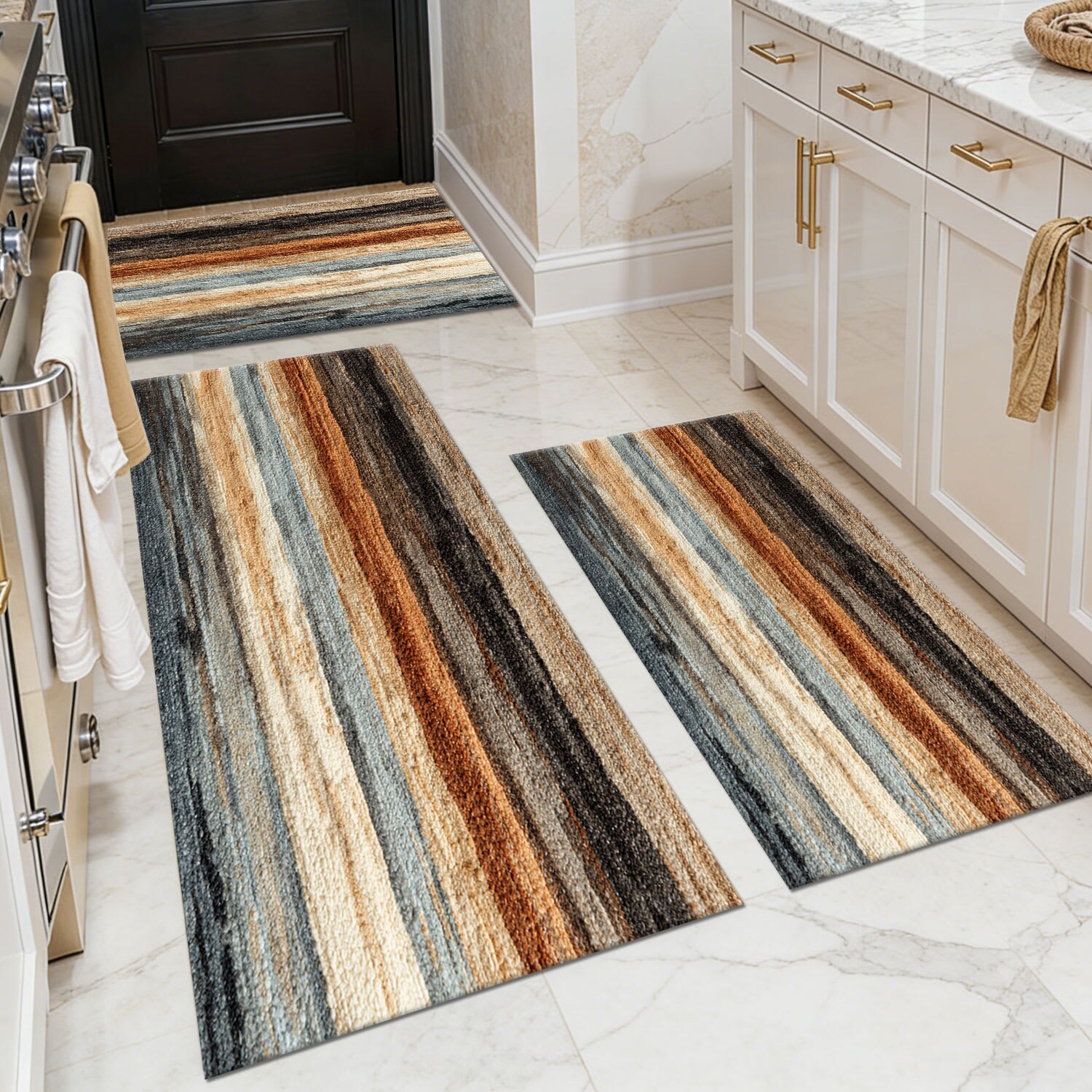 TOBILI  20 x 32in 20 x 47in 20 x 60in Loomed Faux Cashmere Multicolor Rectangular Indoor Gradient Stripe Modern Minimalist Machine Washable Pet Friendly Kitchen Rug Set