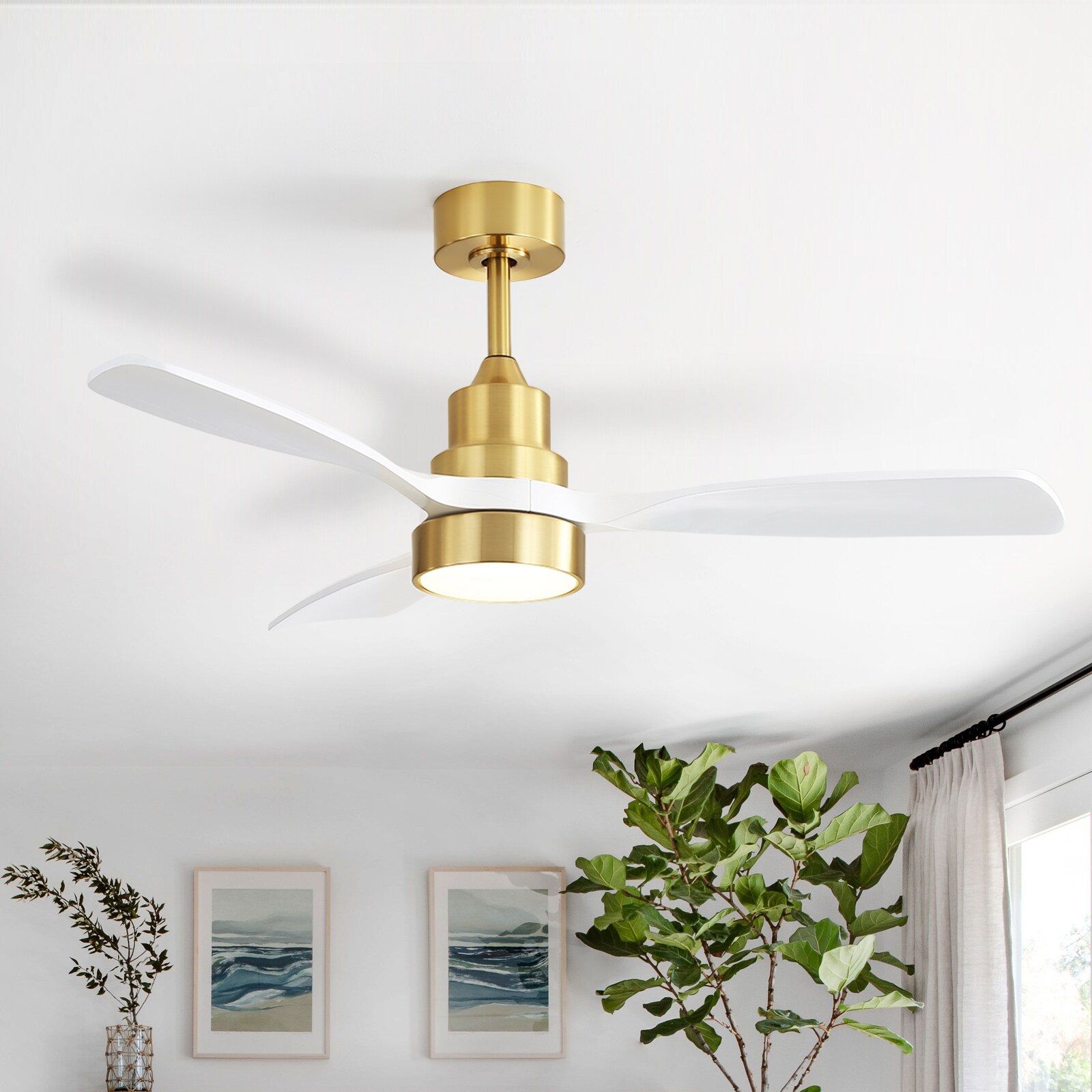 Sofucor LS-48K006-BG-WH-50 Nicole 48-in Integrated LED Gold with White Blades Ceiling Fan With Light and Remote ( 3 -Blade )