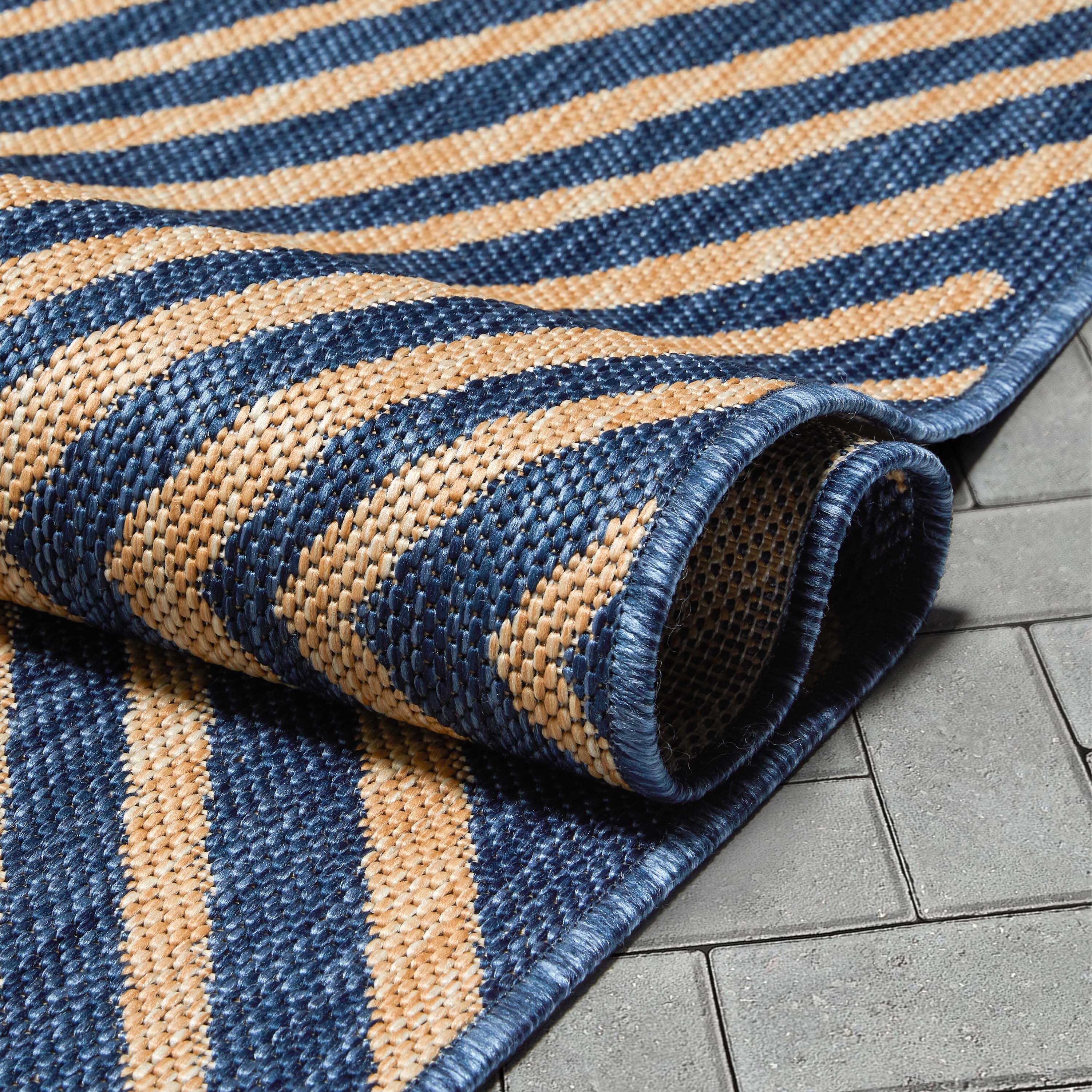 Reversible Striped Synthetic 5' x 7' Blue Outdoor Rug