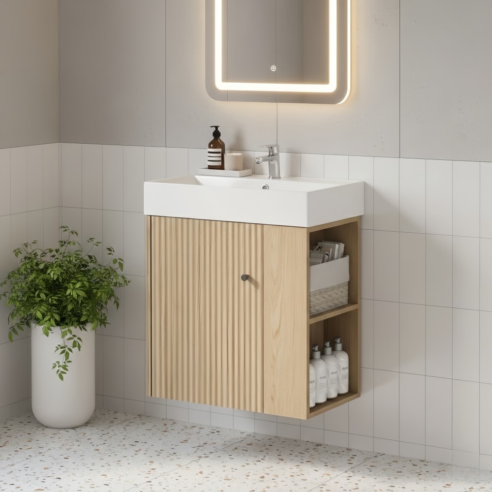 Numhew 21.6in W Floating Bathroom Vanity with Right-Side Storage and Ceramic Basin