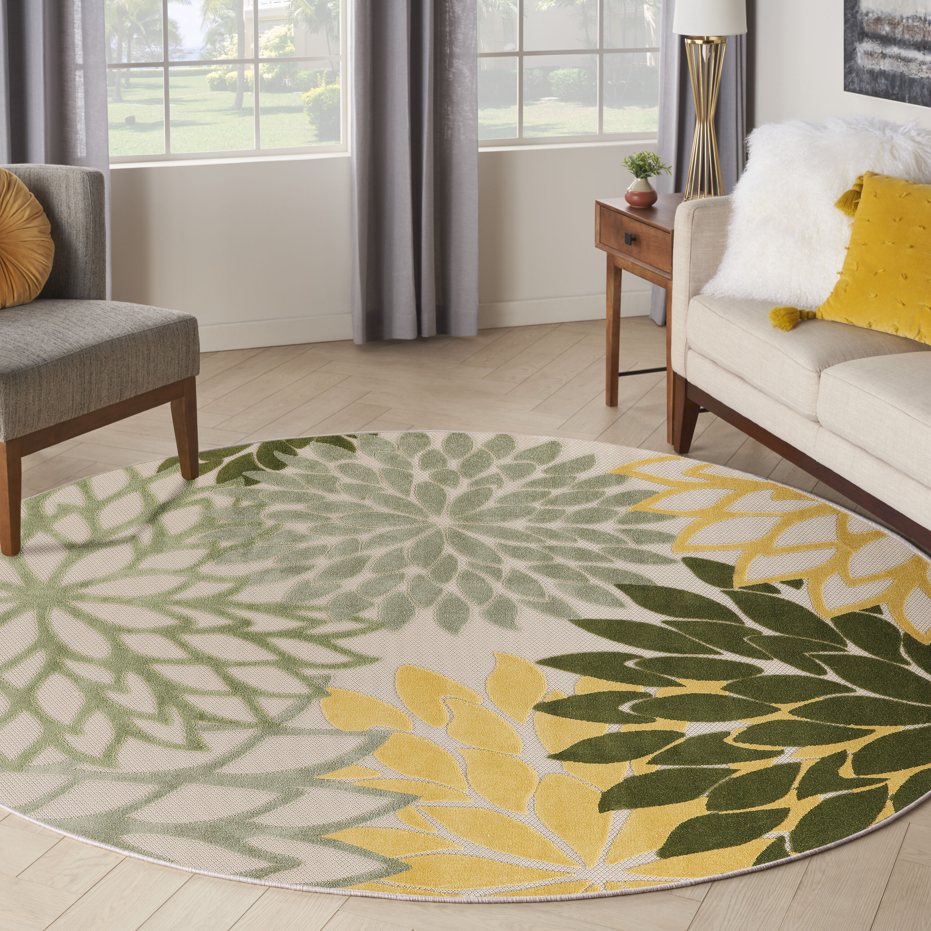 Nourison Home 099446952905 5 x 5 (ft) Loomed Polypropylene Green Multicolor Round Indoor/Outdoor Floral/Botanical Tropical Area rug