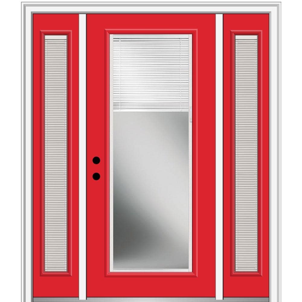 MMI DOOR ZZ362025R 60-in x 80-in x 4-9/16-in Fiberglass Full lite Right-hand inswing Red Saffron Painted Prehung Front Door with Sidelights with Brickmould Insulating core with Blinds