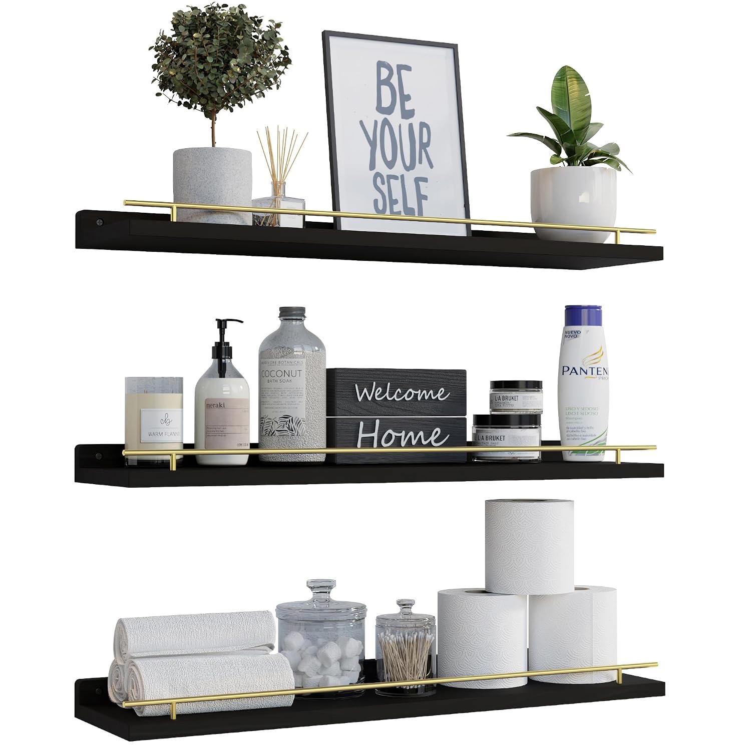SPACELEAD 24 Inch Floating Wall Shelves with Gold Metal Guardrail Set of 3 Pine Wood Wall Mounted Display Shelves for Bathroom Bedroom Kitchen Living Room