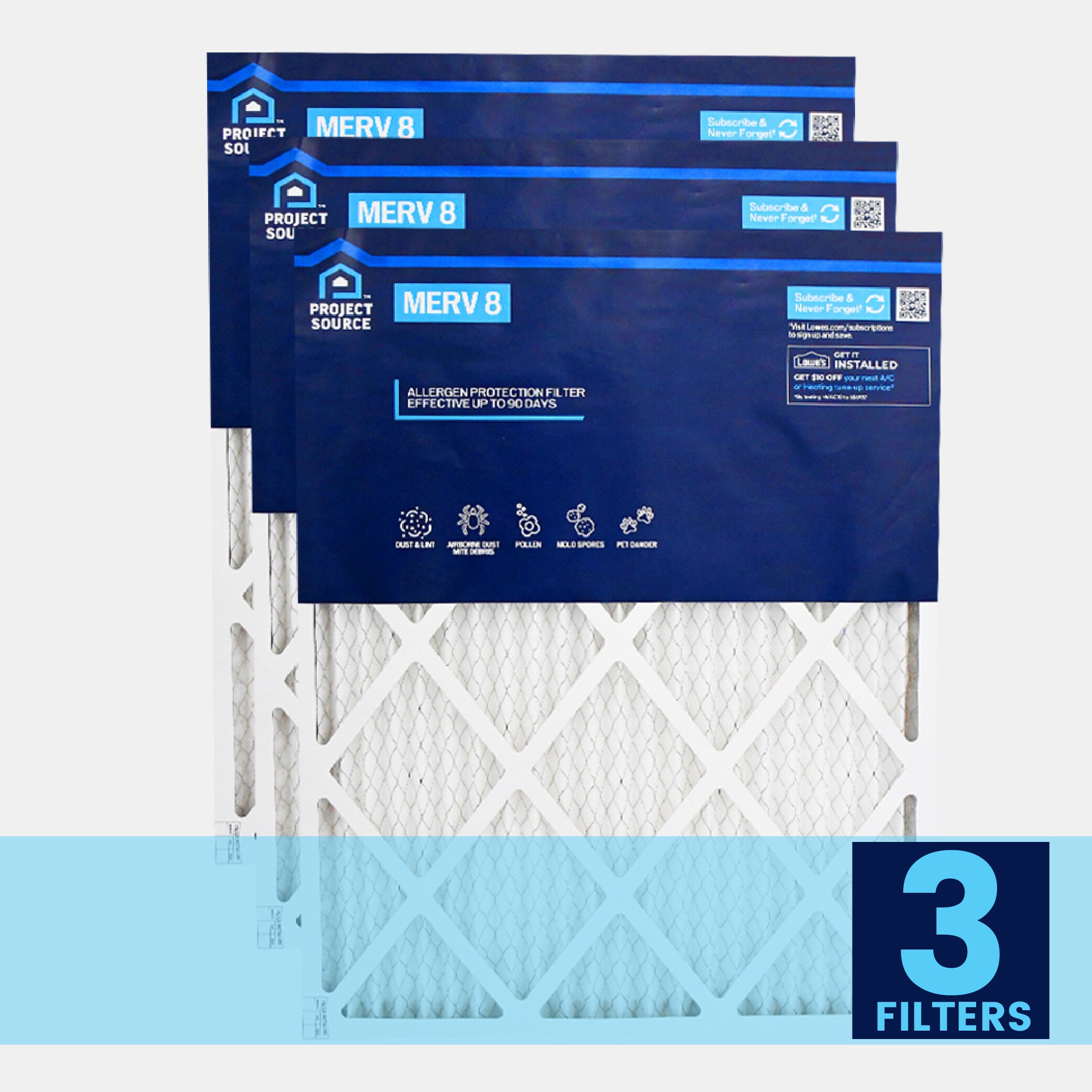 Project Source 20-in W x 20-in L x 1-in MERV 8 Electrostatic Pleated Air Filter (3-Pack)