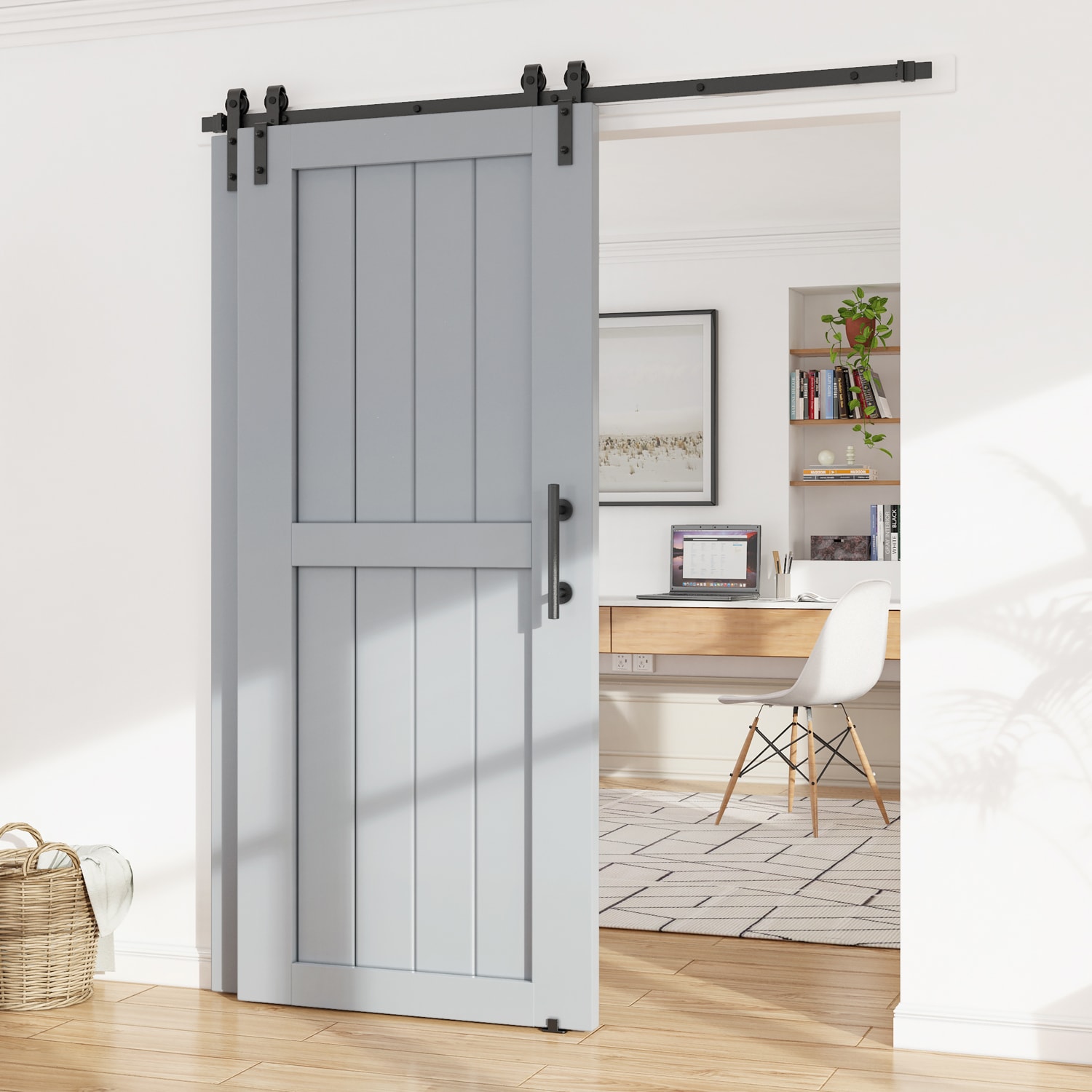 WINSOON 79-in Matte Black Indoor J-strap Single Bypass Barn Door ...