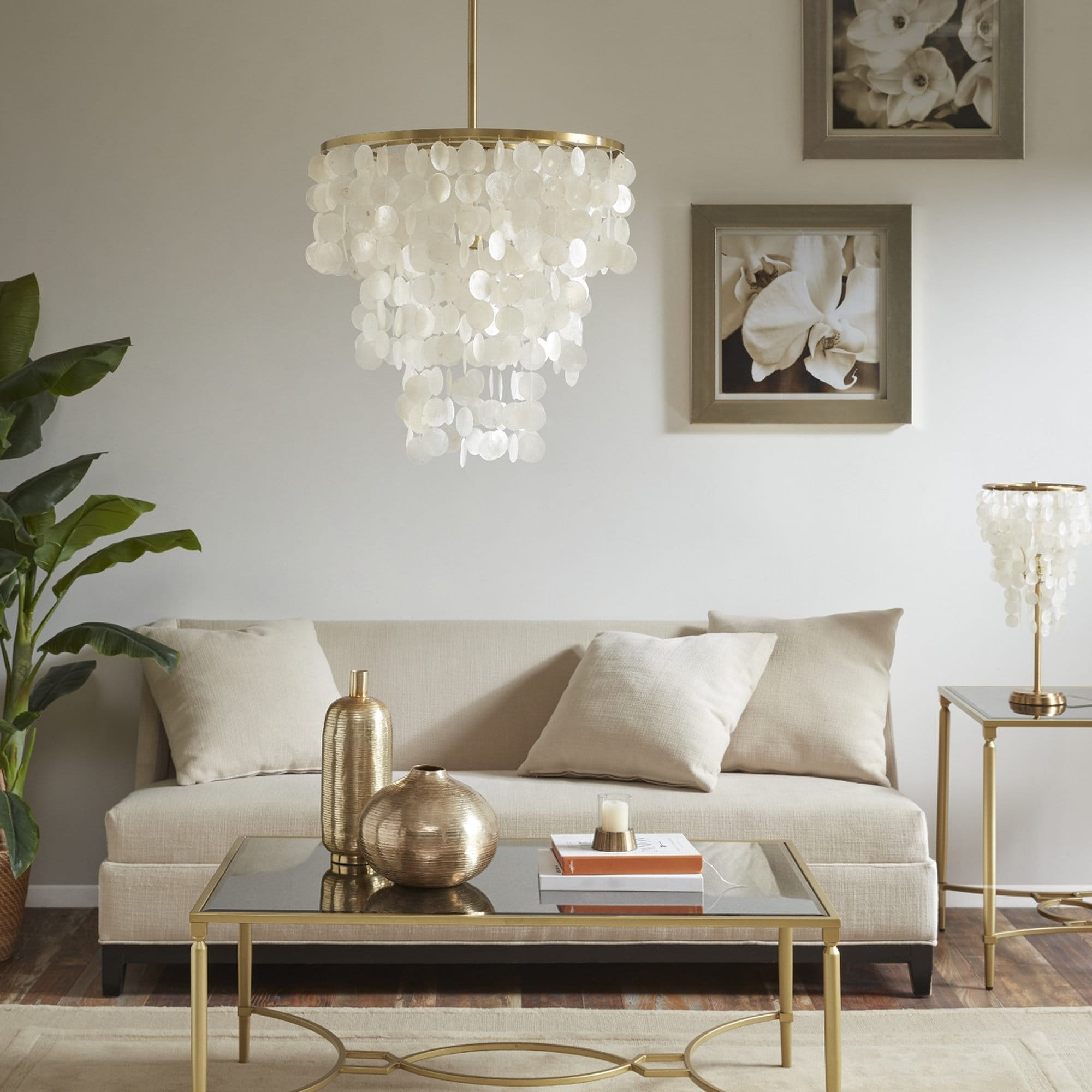 Oyezvary  21 Inch Layered Capiz Shell Chandelier Gold Finish Adjustable Height Ceiling Light Fixture for Dining Room Living Room Bedroom