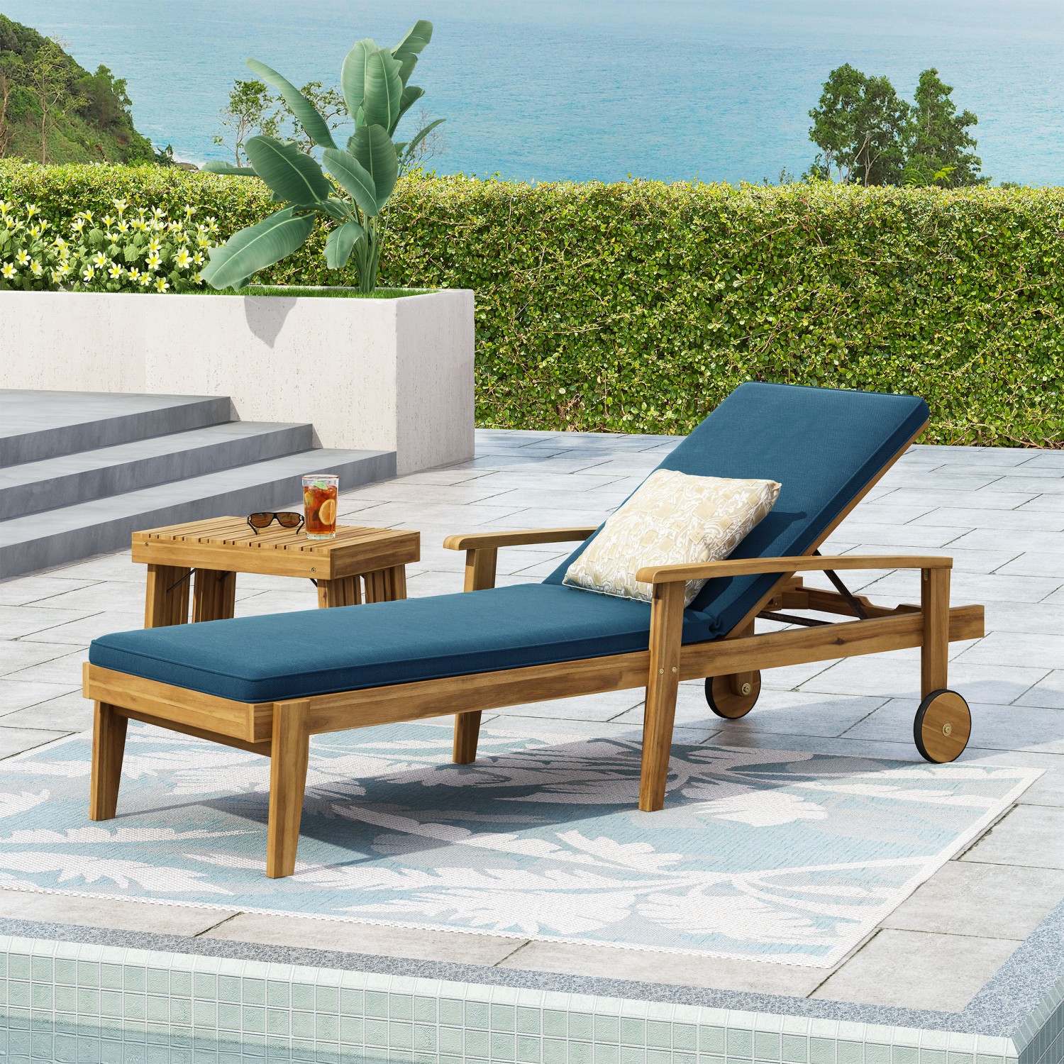 AAZJ JCF-71374BLU Patio Conversation Sets Teak Wood Frame Stationary Chaise Lounge Chair with Blue Cushioned Seat