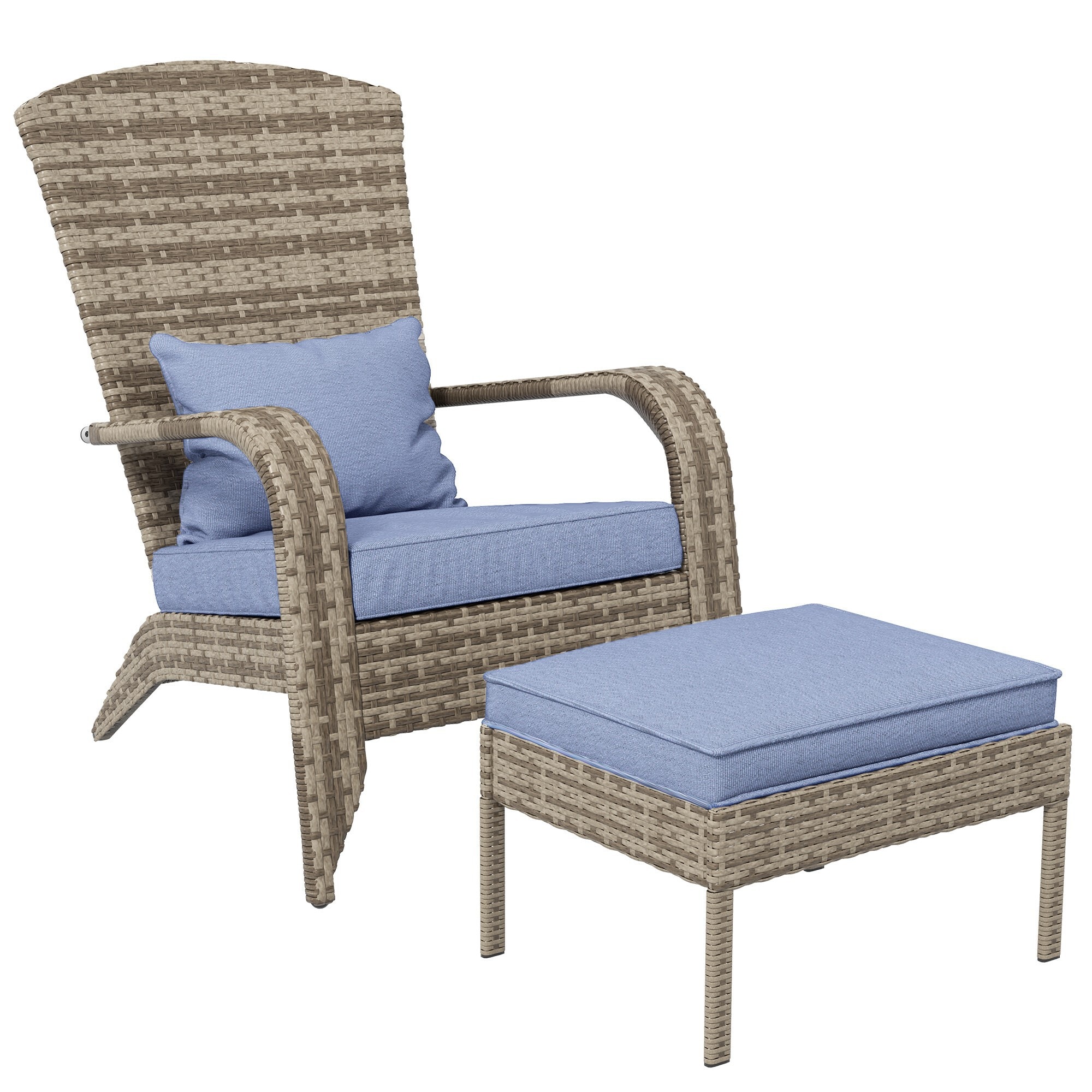 Miki Shinly AB-4012-142JJ Outdoor Patio Chair Brown Rattan Frame Stationary Adirondack Chair with Blue Cushioned Seat