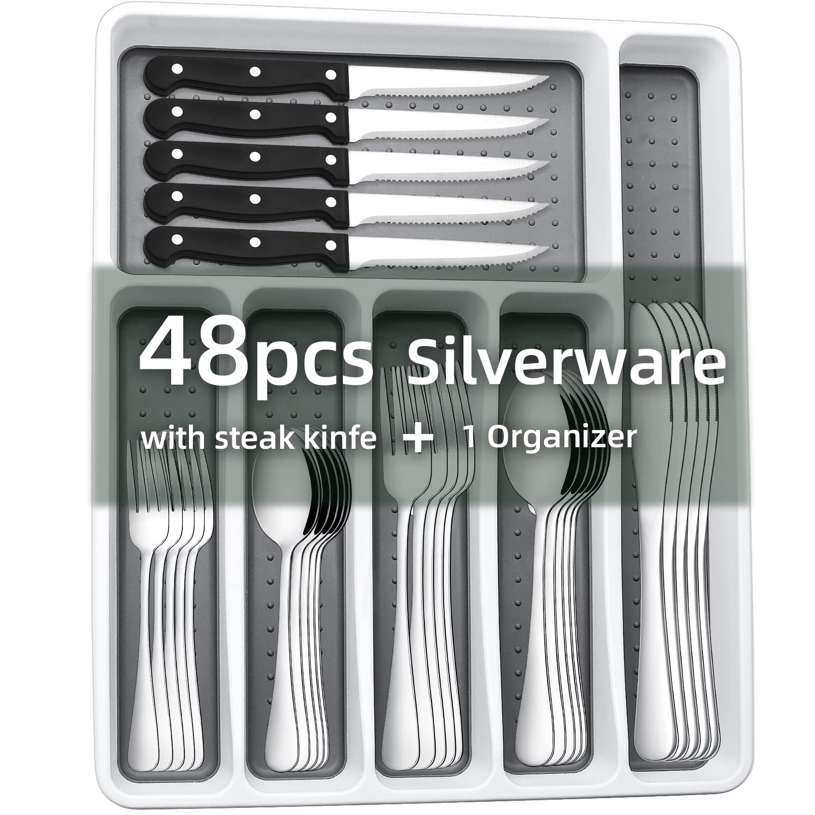 Anqtovp  49 Piece Stainless Steel Flatware Set Service for 8 with Organizer Mirror Polished Kitchen Utensils Including Steak Knives Spoons Forks