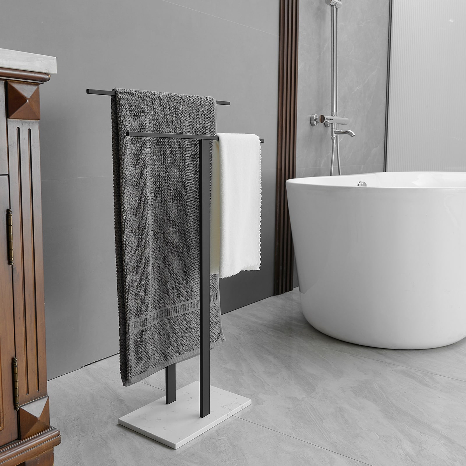 BWE 2-Tier Standing Towel Rack with Marble Base for Bathroom Floor ...