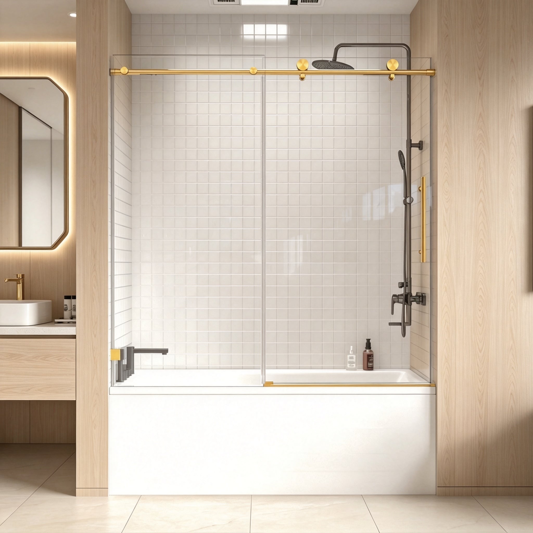 Miuara  Brushed Gold 56-in to 60-in W x 60-in H Frameless Clear Glass Single Sliding Bathtub Door with Soft Close