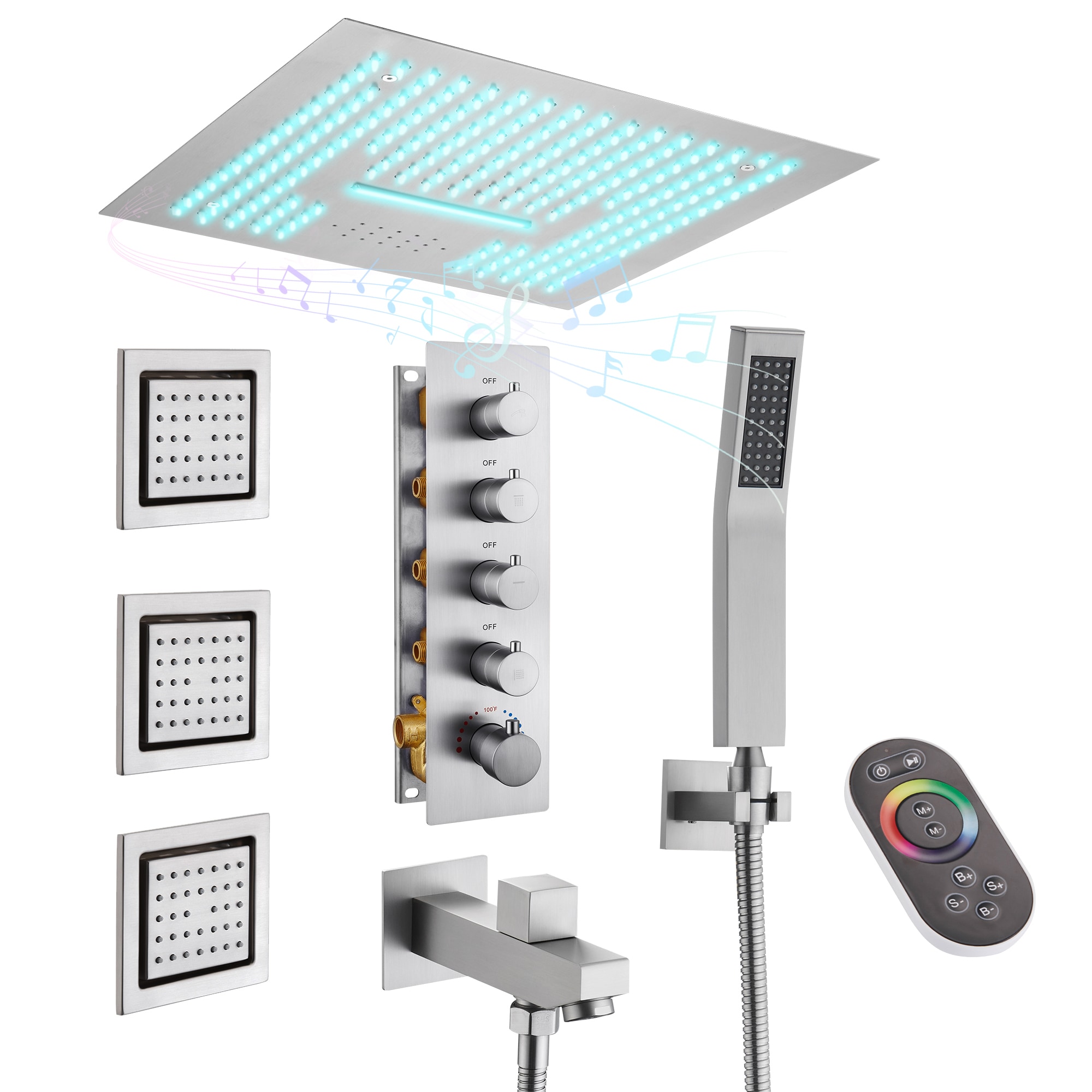 CASAINC WE-SS11MB Brushed Nickel 16-in Waterfall Built-In Shower Faucet System with 4-way Diverter ( Thermostatic Valve Included )
