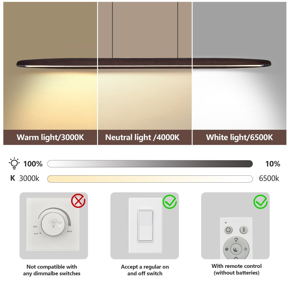 Basdien 51 in Brown Modern Streamline Wooden LED Pendant Light Remote ...