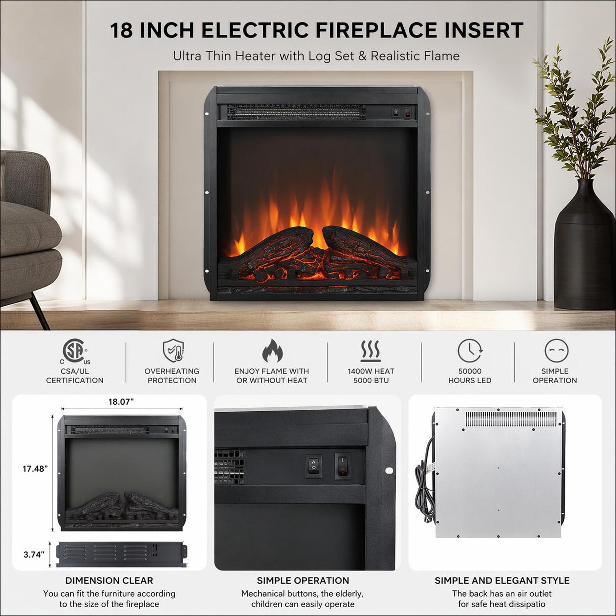 TEINIE 18 Inch Ultra Thin Electric Fireplace Insert Heater Log Real