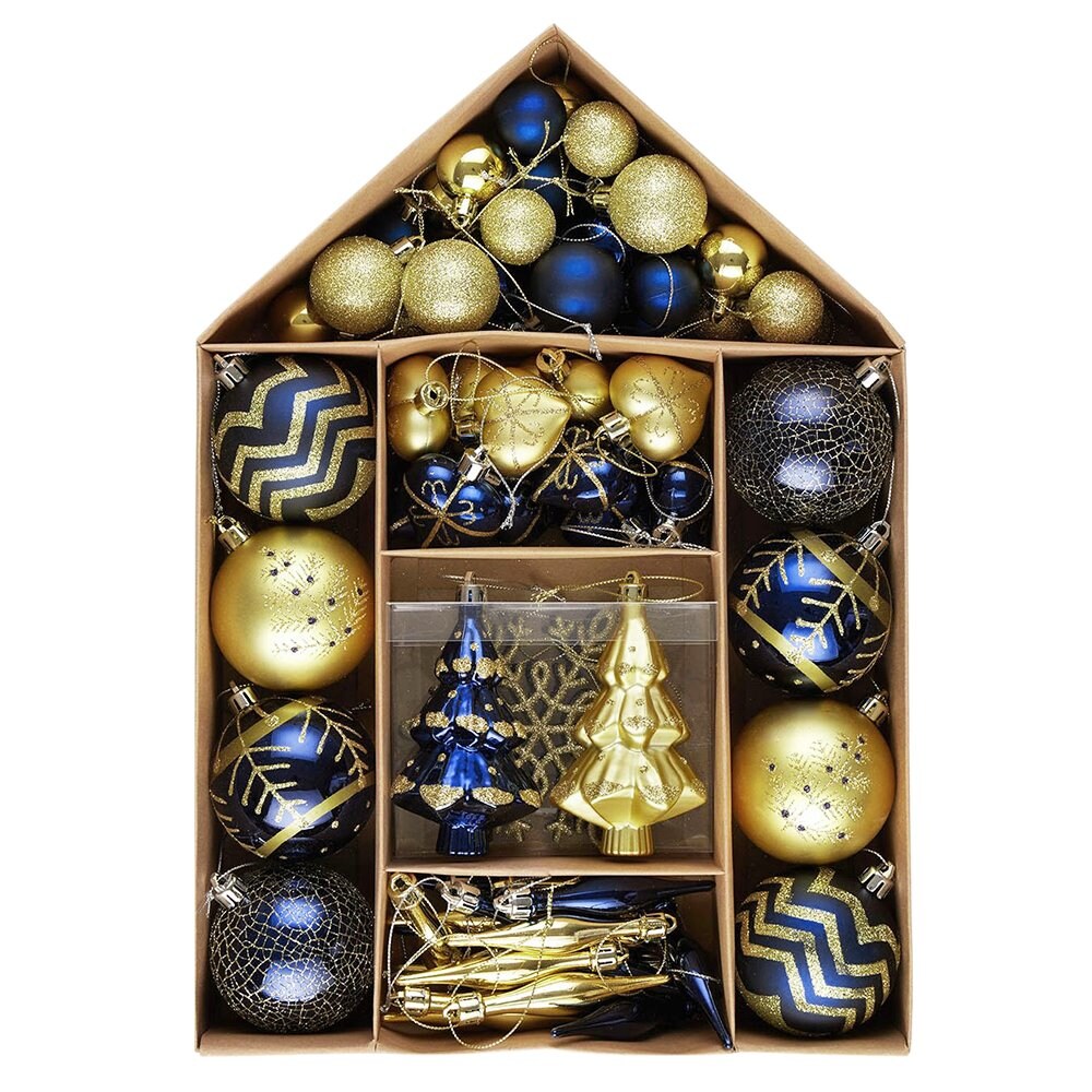 OrnamentallyYou B171 Glam and Glittered Gold and Blue Elegant Christmas Ornament Set 70 Assorted Balls Trees Snowflake