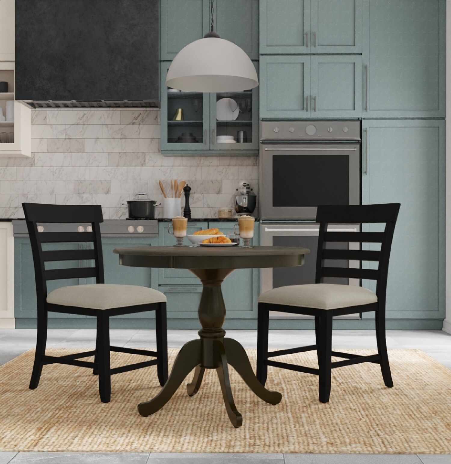 Classic Black Round Wood Dining Table with Pedestal Base