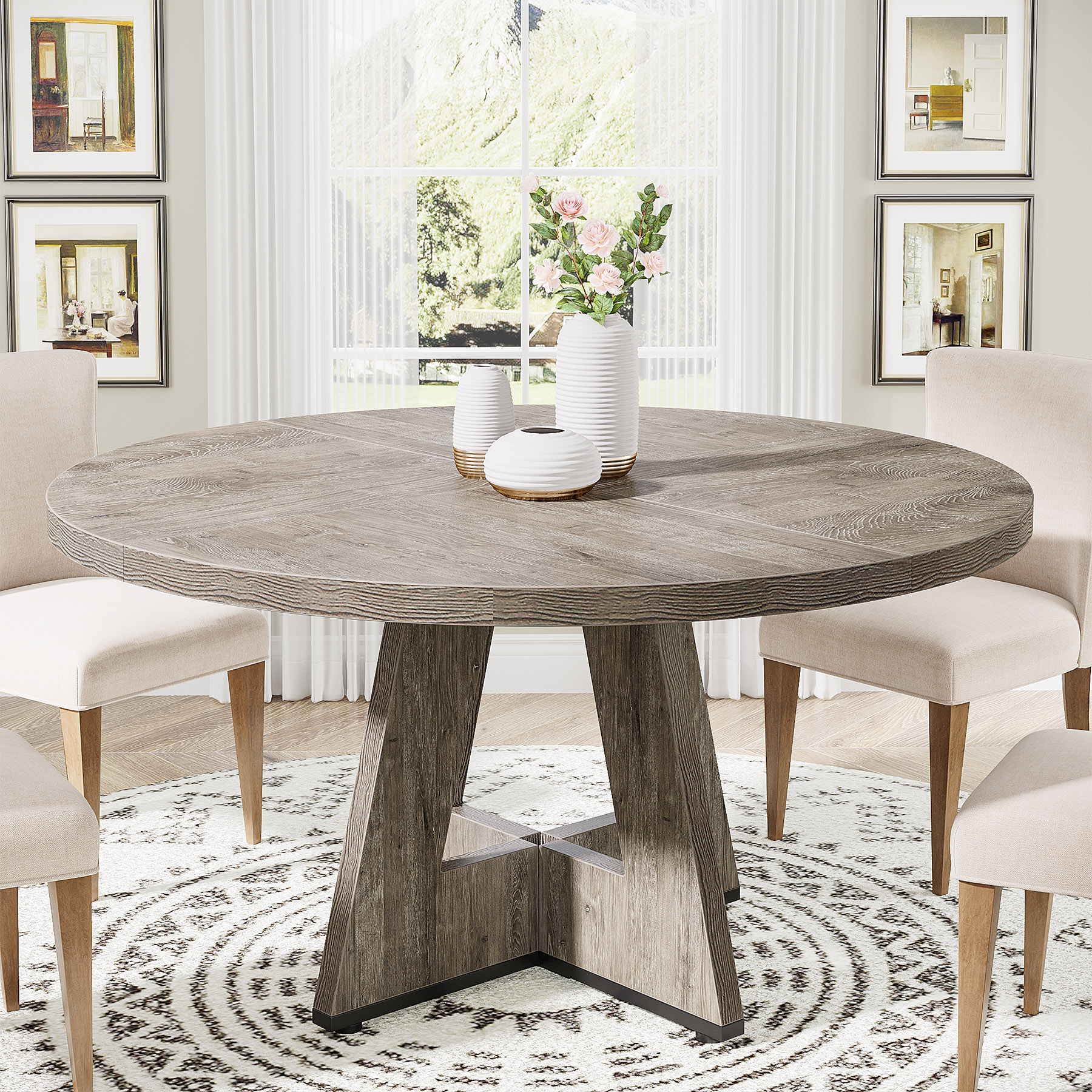 Tribesigns LWFD-XK00468X Grey Round Contemporary/Modern Dining Table, Wood with Wood finish Wood Pedestal Base 47.3-in L x 29.6-in H