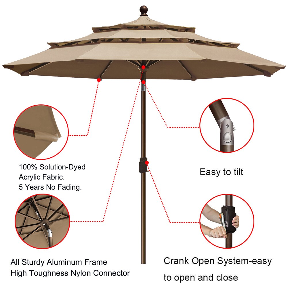 9 ft Round Heather Beige Patio Umbrella Aluminum Frame Acrylic