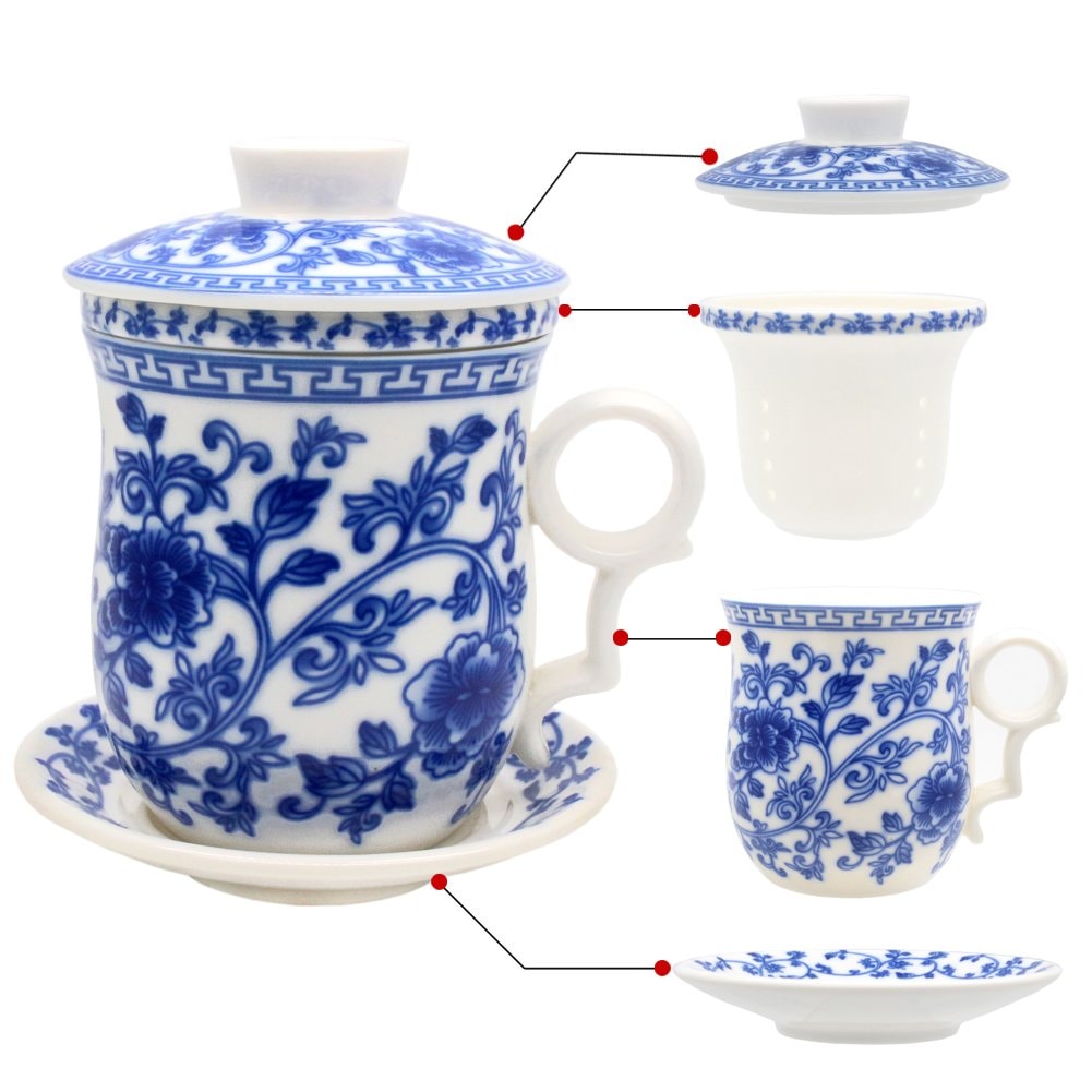 Aoibox  Porcelain Tea Cup with Infuser Lid and Saucer Jingdezhen Porcelain 350 ml Capacity for Loose Leaf Brewing