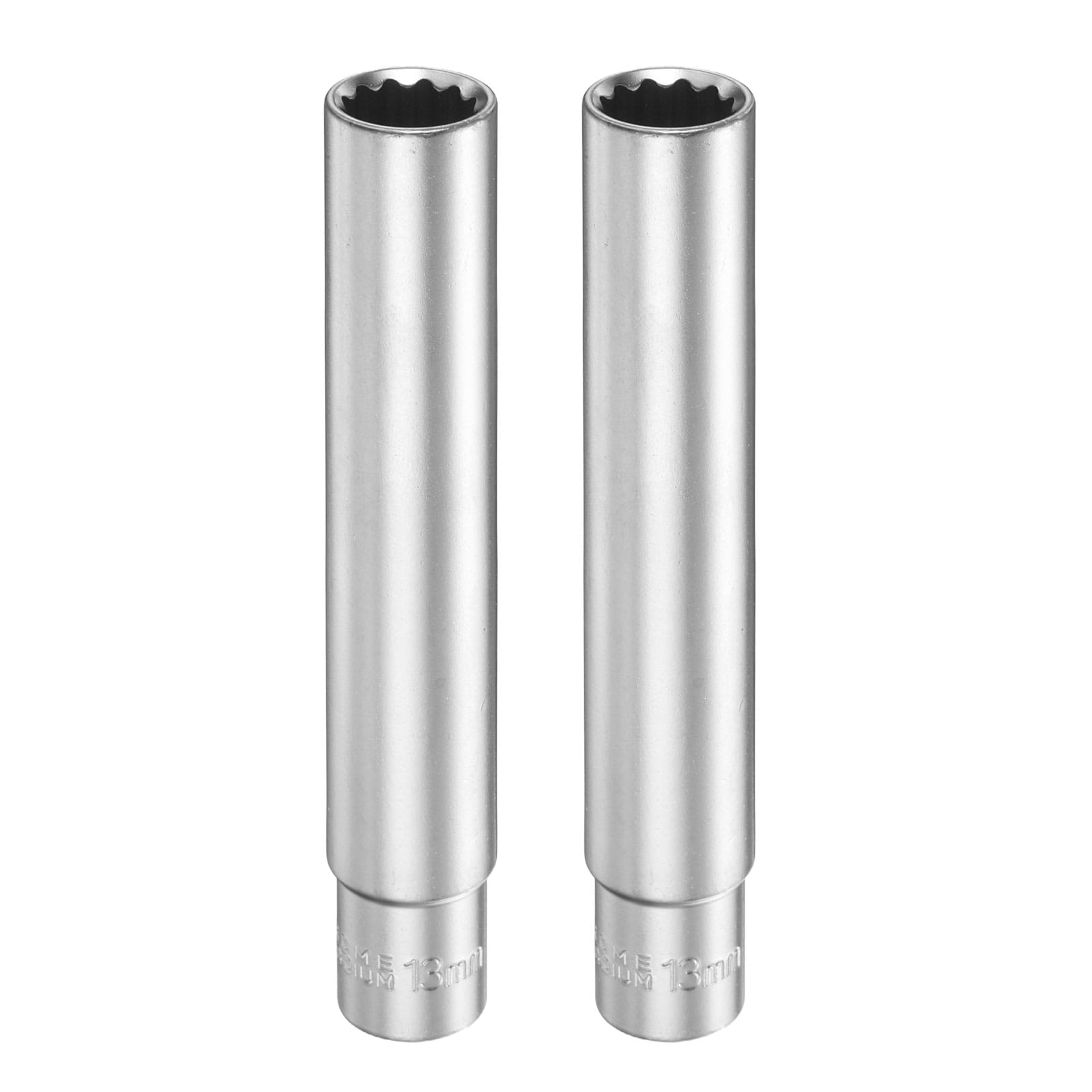 Harfington 2pcs 12 Points Deep Socket 3/8 Inch Drive 13mm Deep Metric CR-V Steel Polished Nickel Plating Flip Sleeve 120mm / 4.7 Inch Extra Long Socket Tool for Home Auto Nuts Bolts Repair