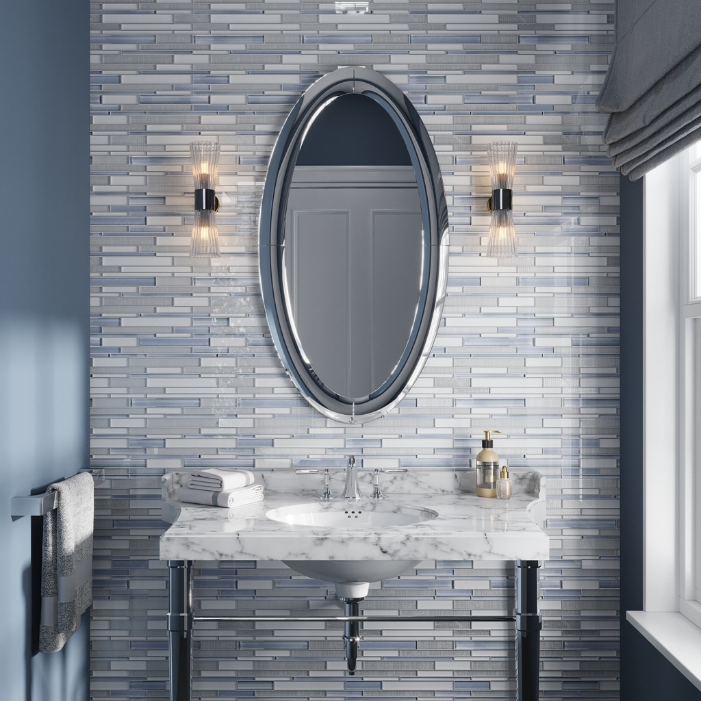 Apollo Tile APLICL8816A Glacier Aqua Blue and White 12-in x 12-in Honed Glass Patterned Linear Mosaic Floor and Wall Tile ( 5-sq ft Carton )