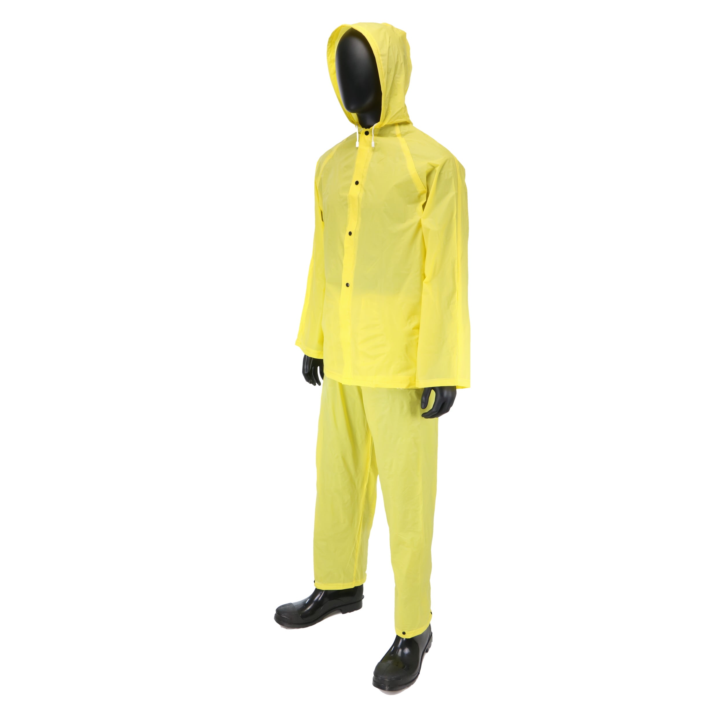 Waterproof PVC 2-Piece rain Suit Rain Suit Yellow 2pce XX-Large 79-138cm Underarm Vents 31-54 Zipped Front with Studded overlaps Twin Jacket Pockets Durable Includes Hood with Neck Cord 
