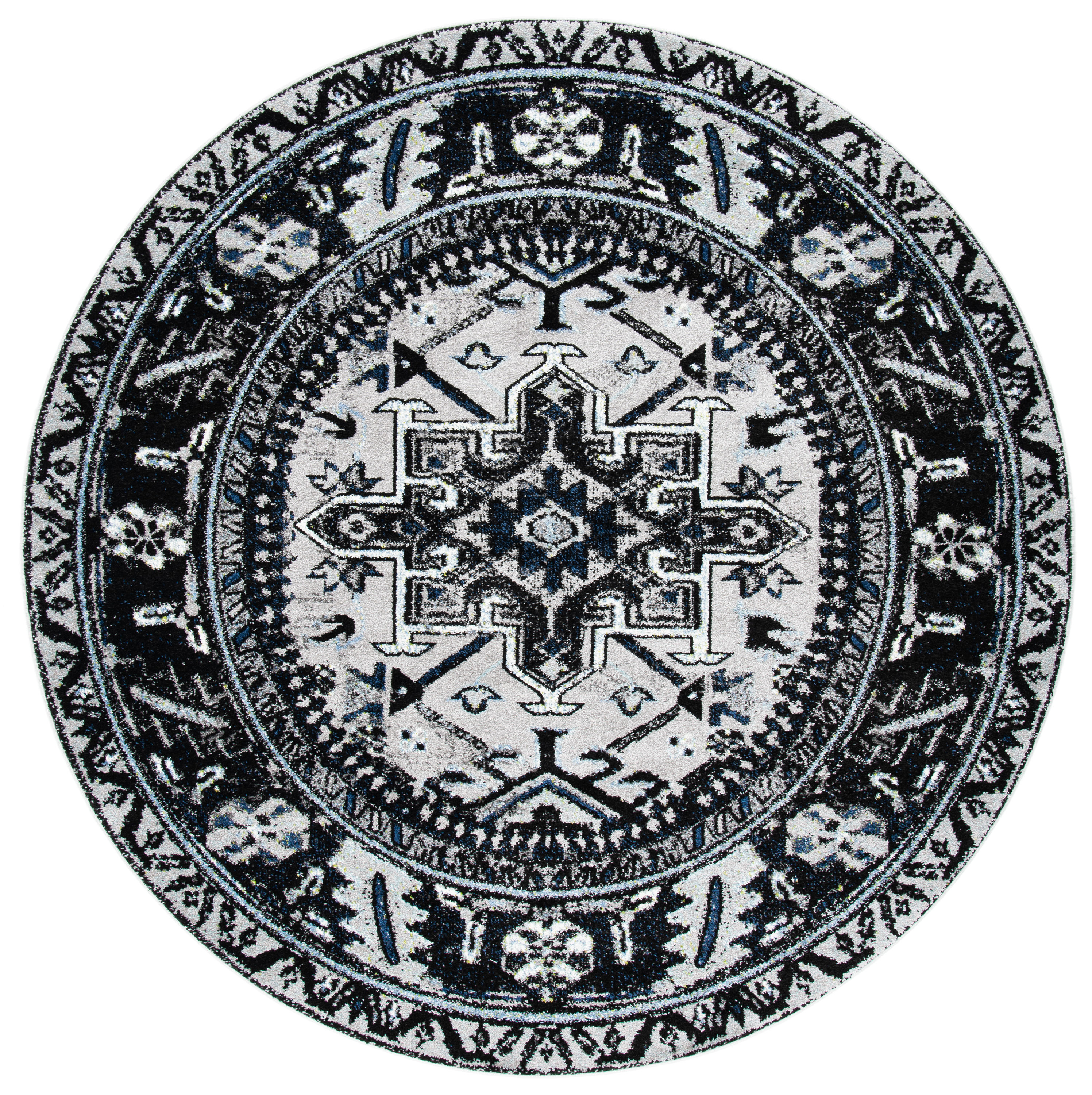 Safavieh VTH211F-7R Vintage Hamadan Jaroslava 7 x 7 (ft) Loomed Polypropylene Light Gray/Dark Gray Round Indoor Geometric Bohemian/Eclectic Area rug