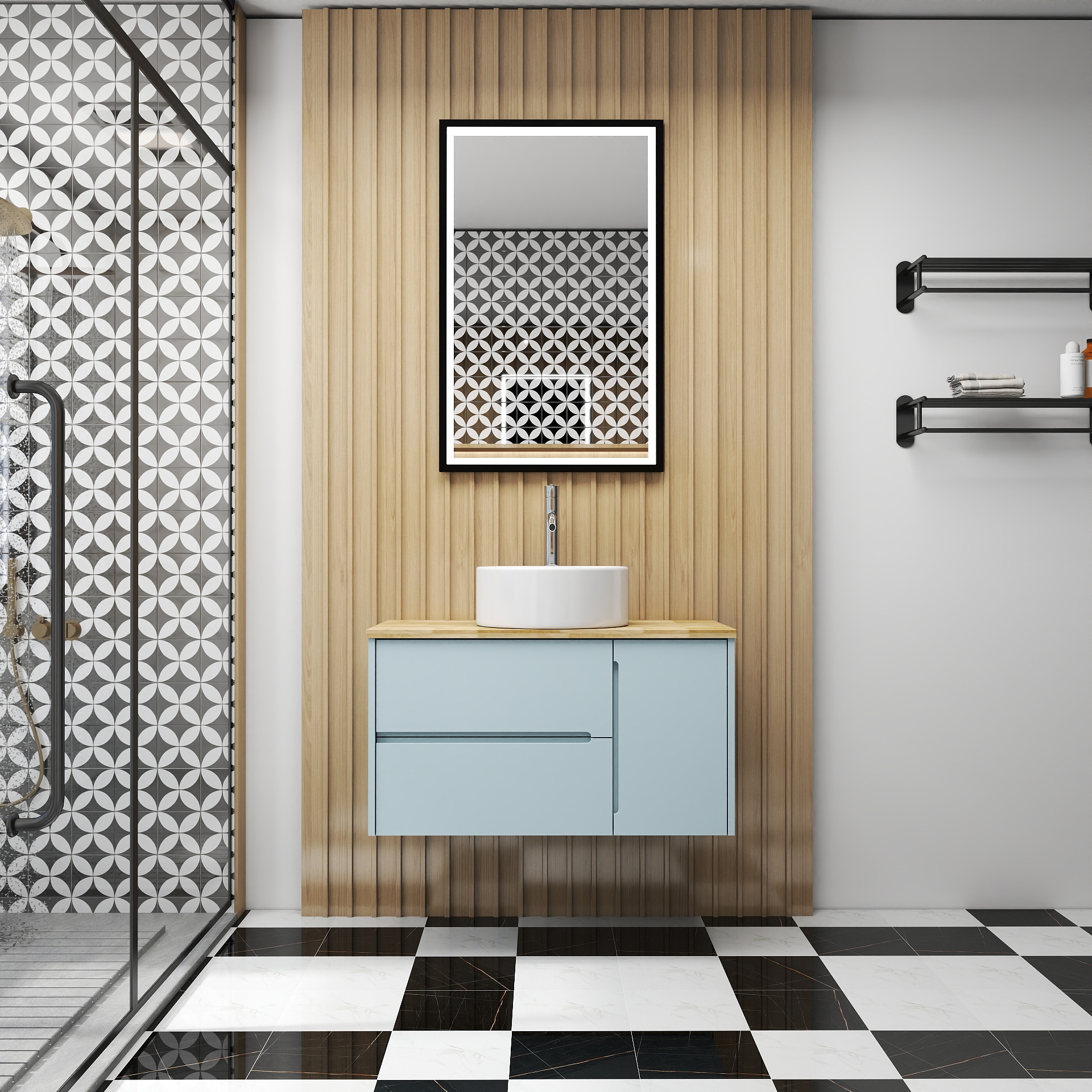 Tatayosi - 36 Inch Double Drawer Single Door Wall Mounted Bathroom Vanity Blue Cabinet Solid Wood...