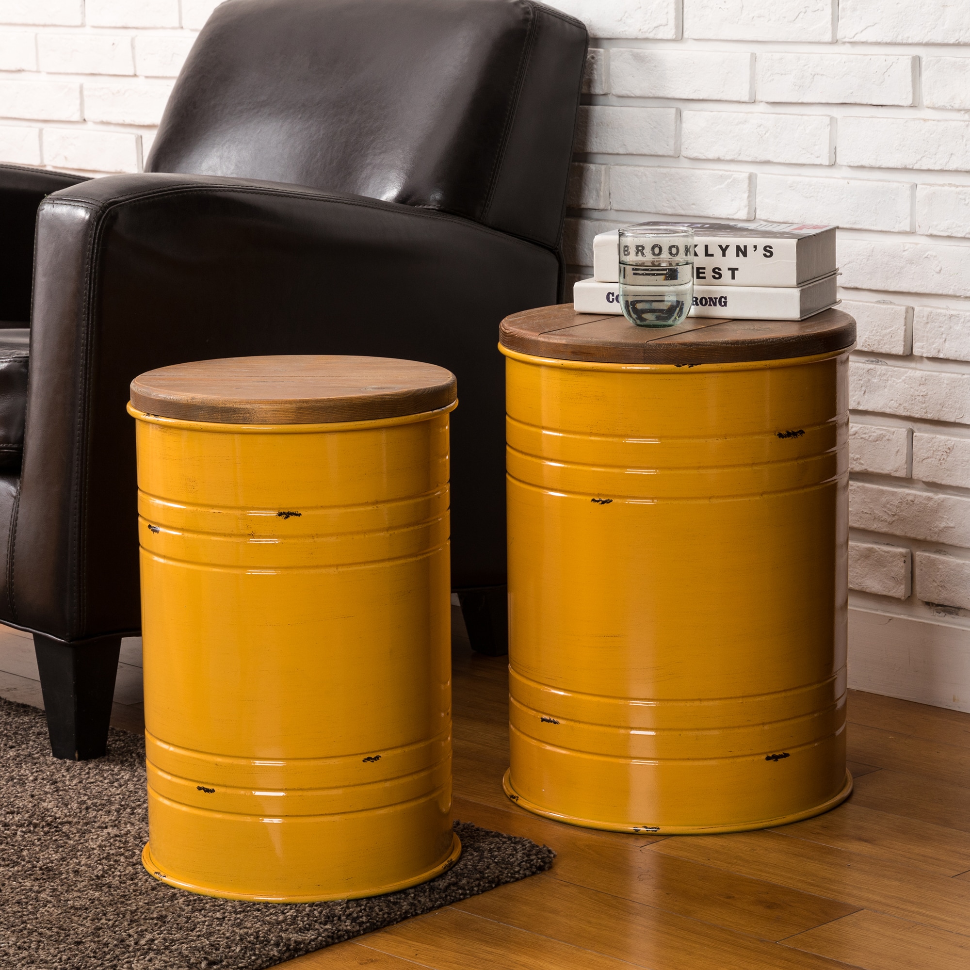 Glitzhome 2003800009 2 -Set Yellow 19.25-Inches H Short Round seat Metal Bar Stool