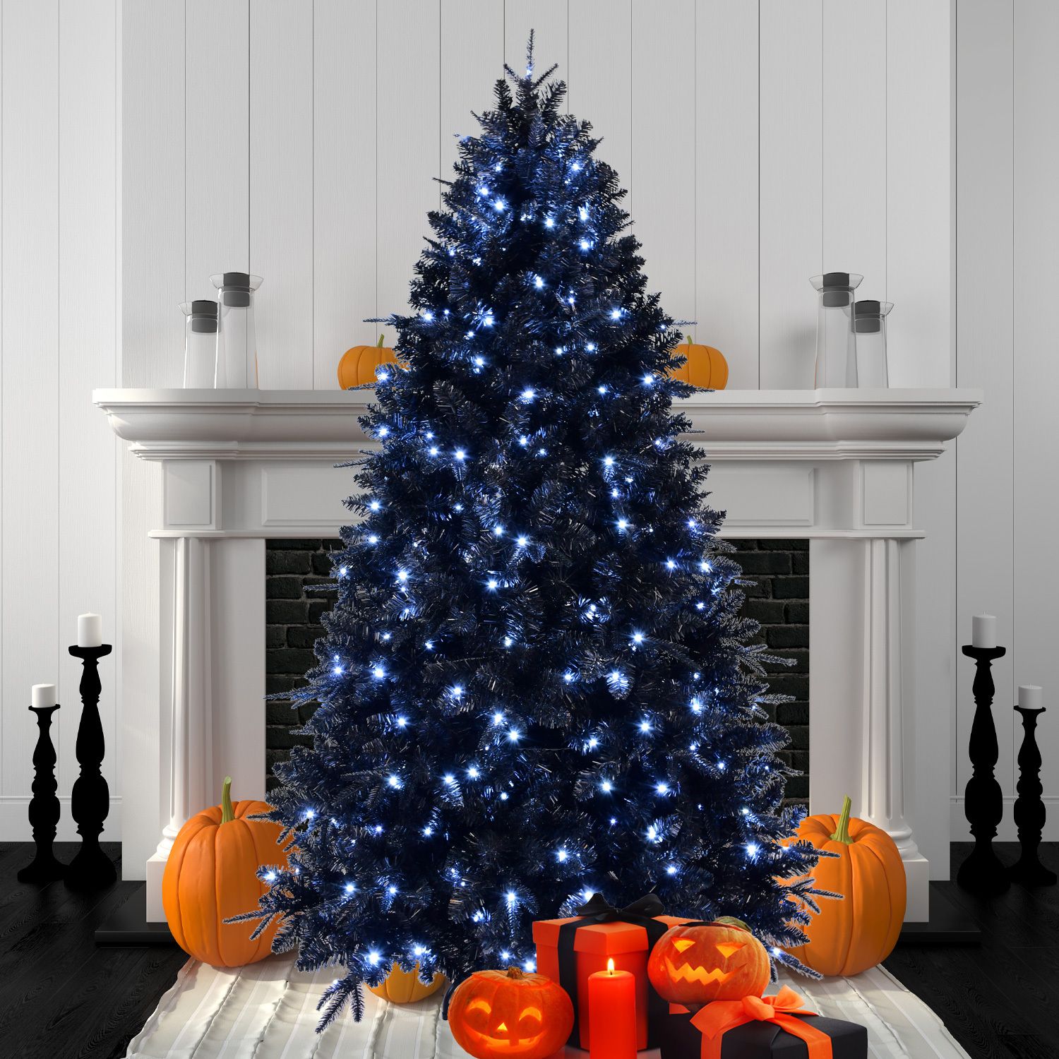 OBERSTER 7ft Black Christmas Tree with 450 White LED Lights 1916 Tips PE+PVC Artificial Tree for Halloween  Holiday Decor Hinged Structure with Stable Metal Stand