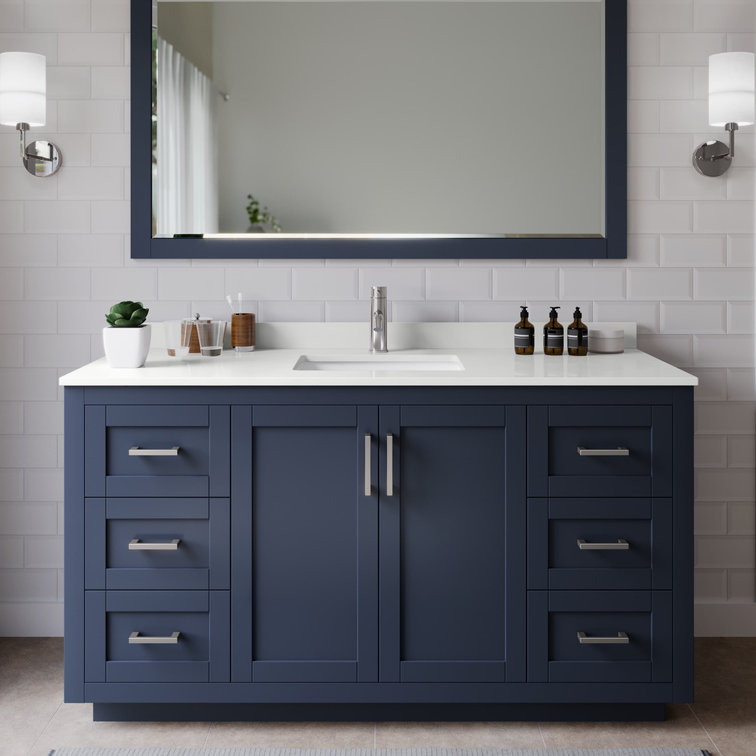 Wyndham Collection WCF292960SBNWQUNSM58 Miranda 60-in Dark Blue Undermount Single Sink Bathroom Vanity with White Quartz Top (Mirror Included)