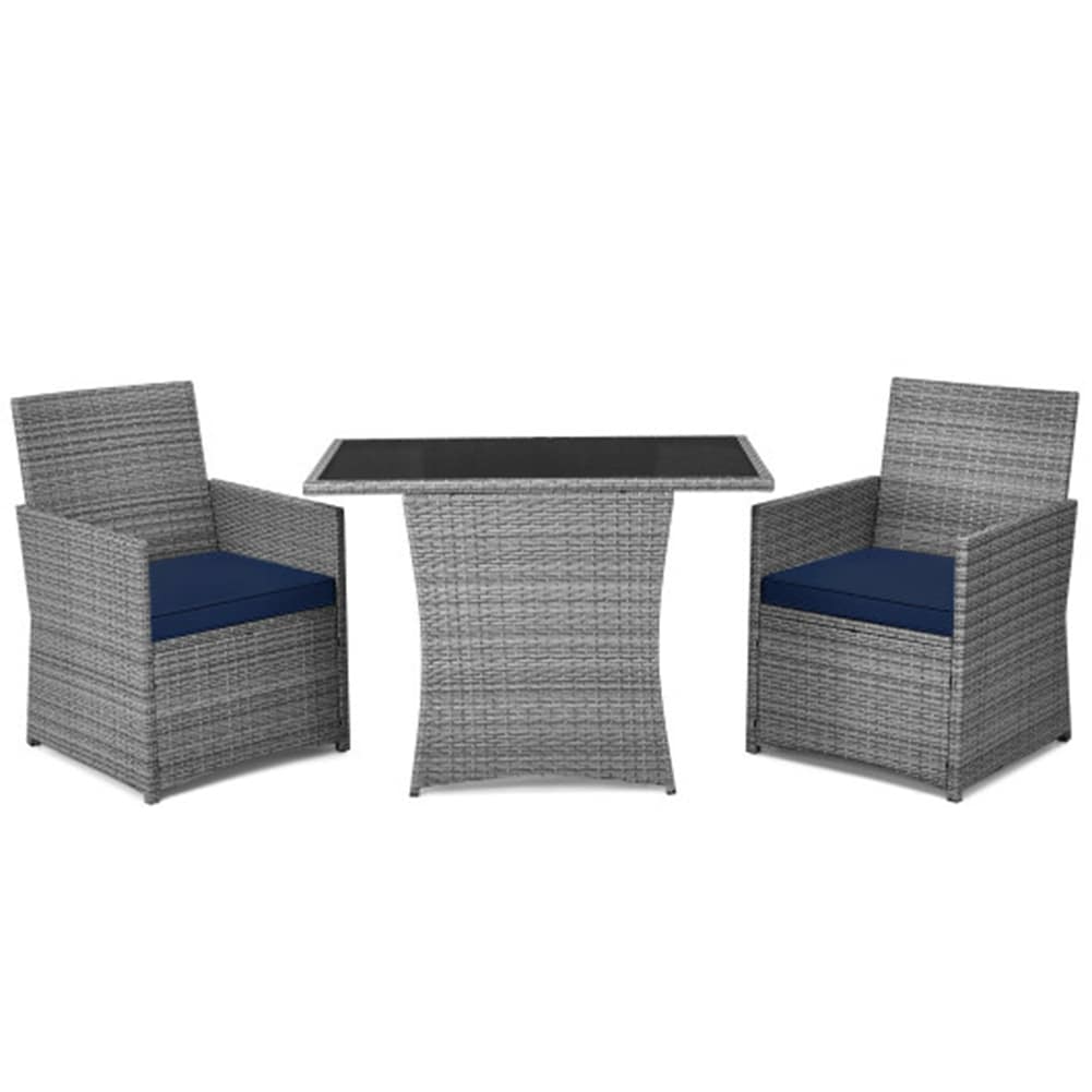 Poinic CWJ68177NY 3 -Piece Rattan Patio Conversation Set with Blue Cushions