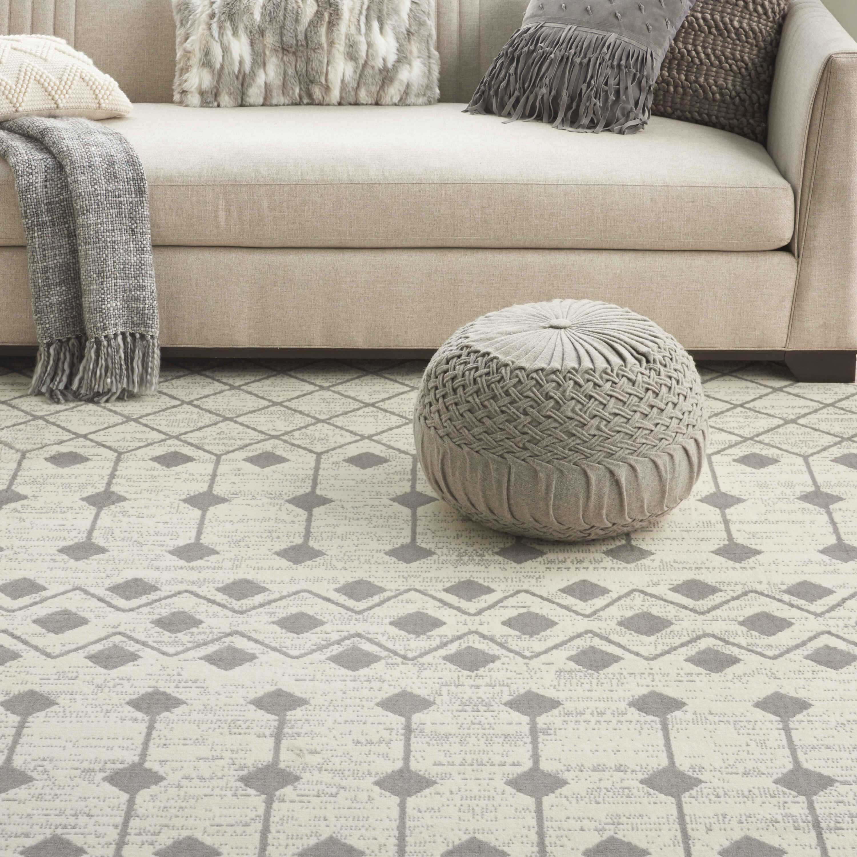 Ivory and Grey Geometric Hand-Knotted 7'10" x 9'10" Synthetic Area Rug