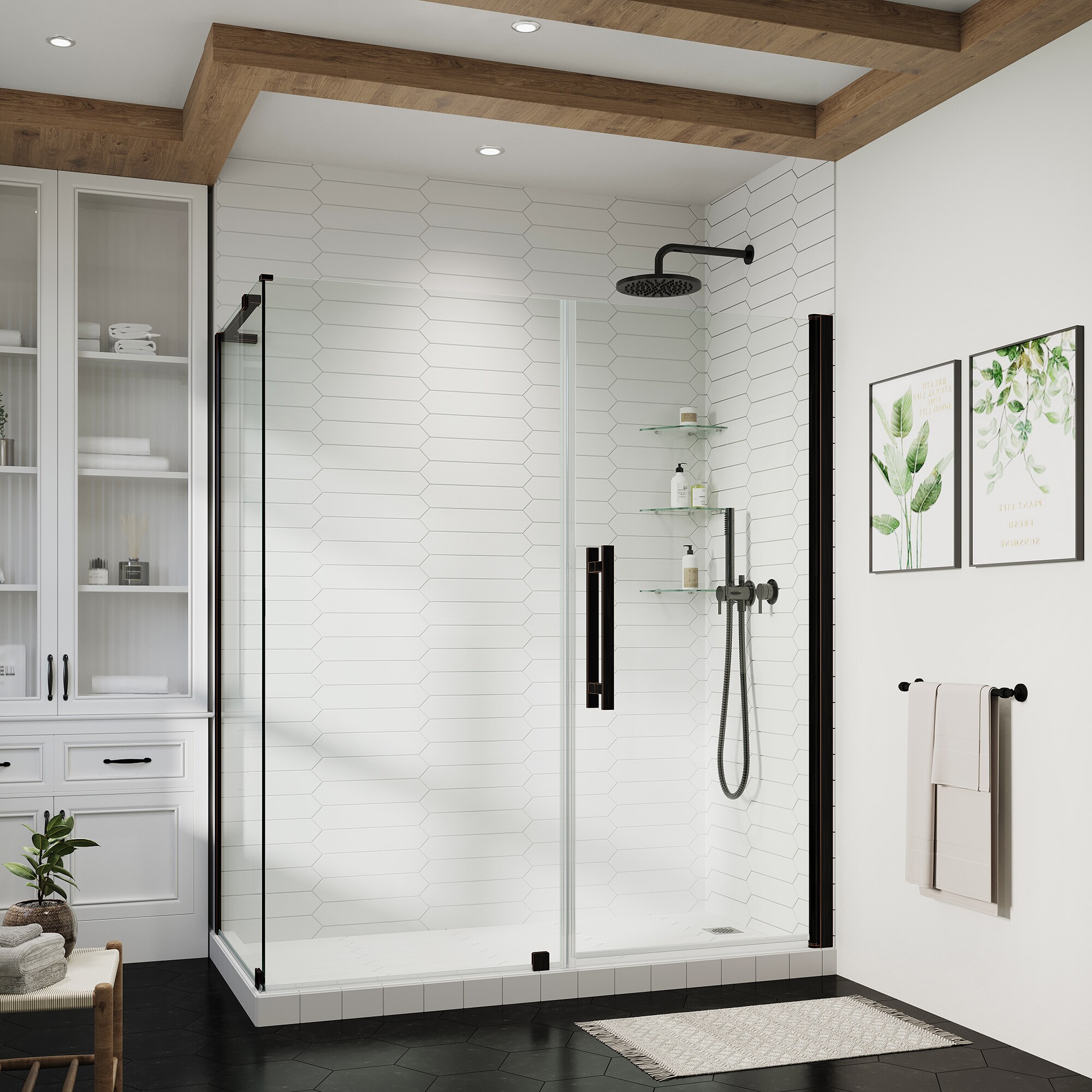 Pasadena Oil Rubbed Bronze Frameless Corner Shower Kit with Glass Shelves