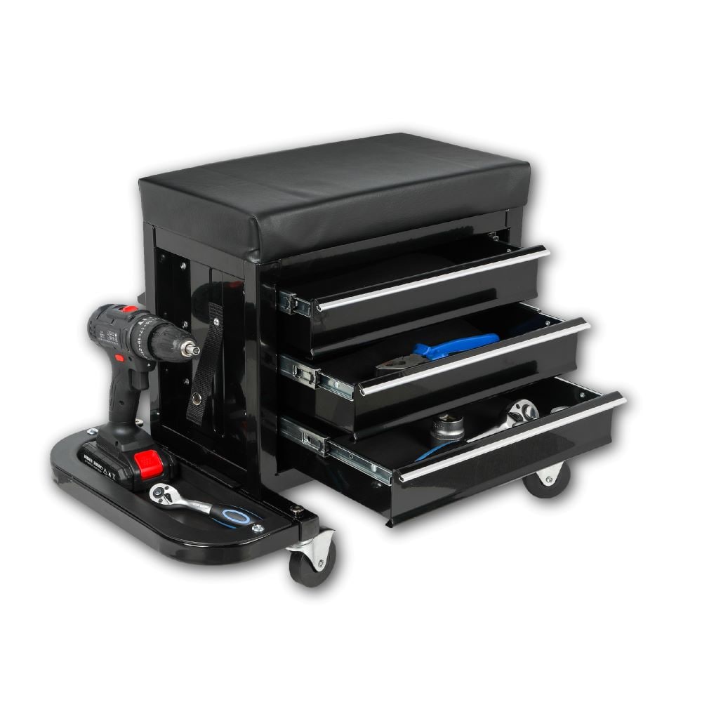 Vkoiyg 3-Drawer Tool Chest Rolling Mechanic Seat with Tool Trays 350lbs Max Weight Capacity-Black #DJYC-W2660P276699