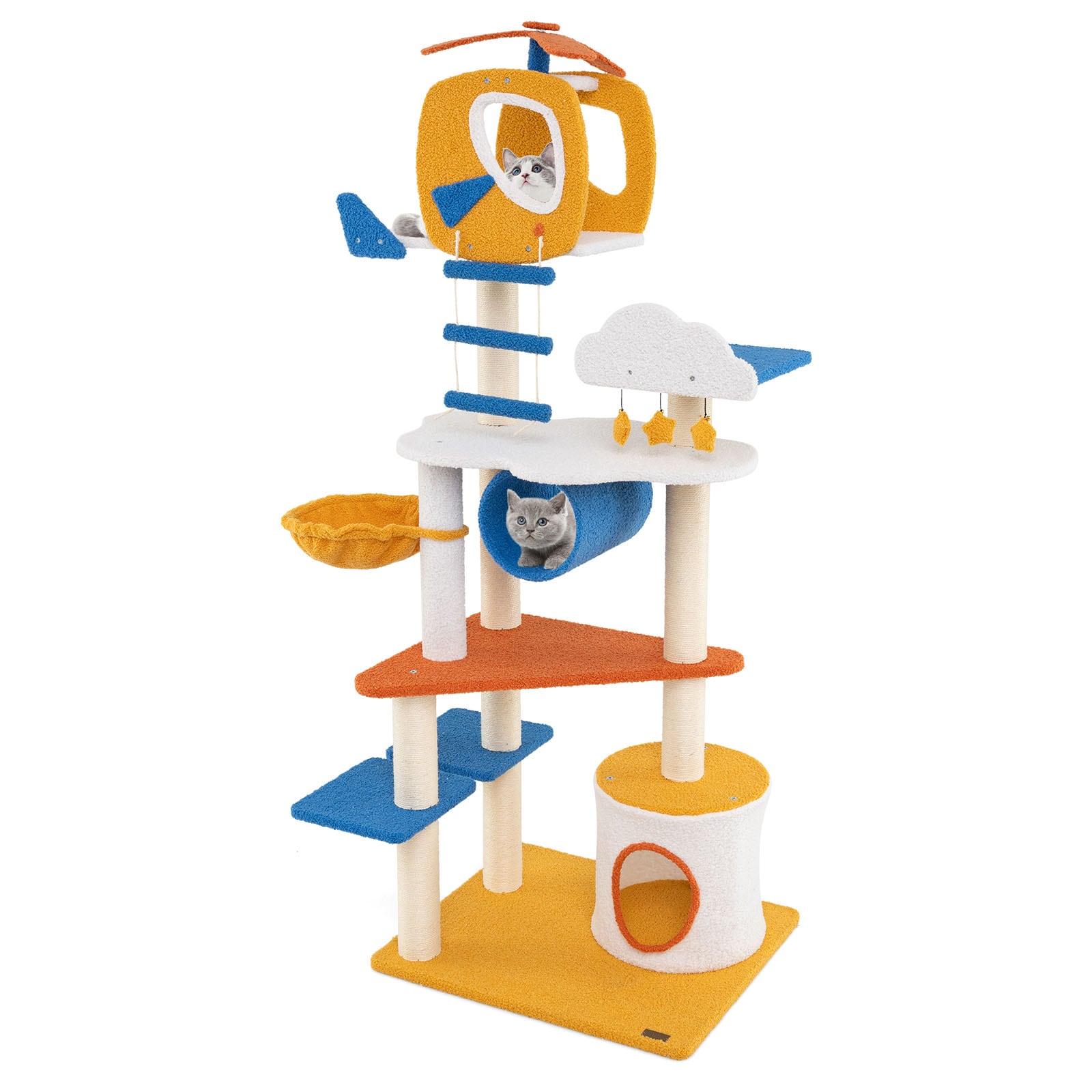 Slickblue Aviation-Inspired Cat Tower - 70 x 23-Inch Multicolor Teddy Fleece Cat Tree with Helicopter Perch and Condo – Indoor Use