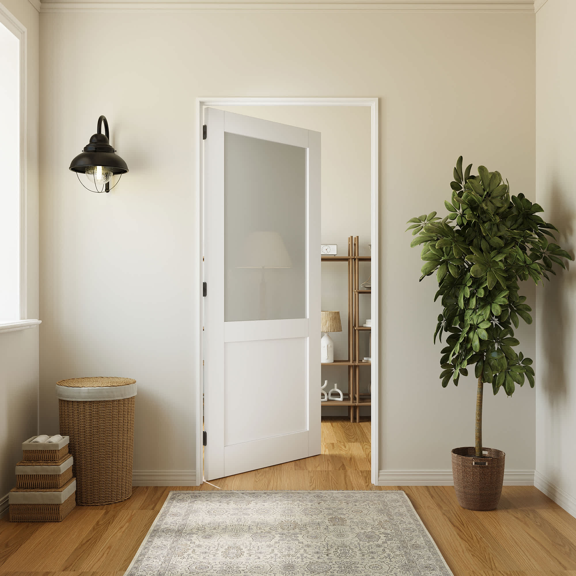 HYALON Half-Lite Solid Core MDF Tempered Frosted Glass and Manufacture Wood White Primed Interior Door Slab 32-in x 80-in