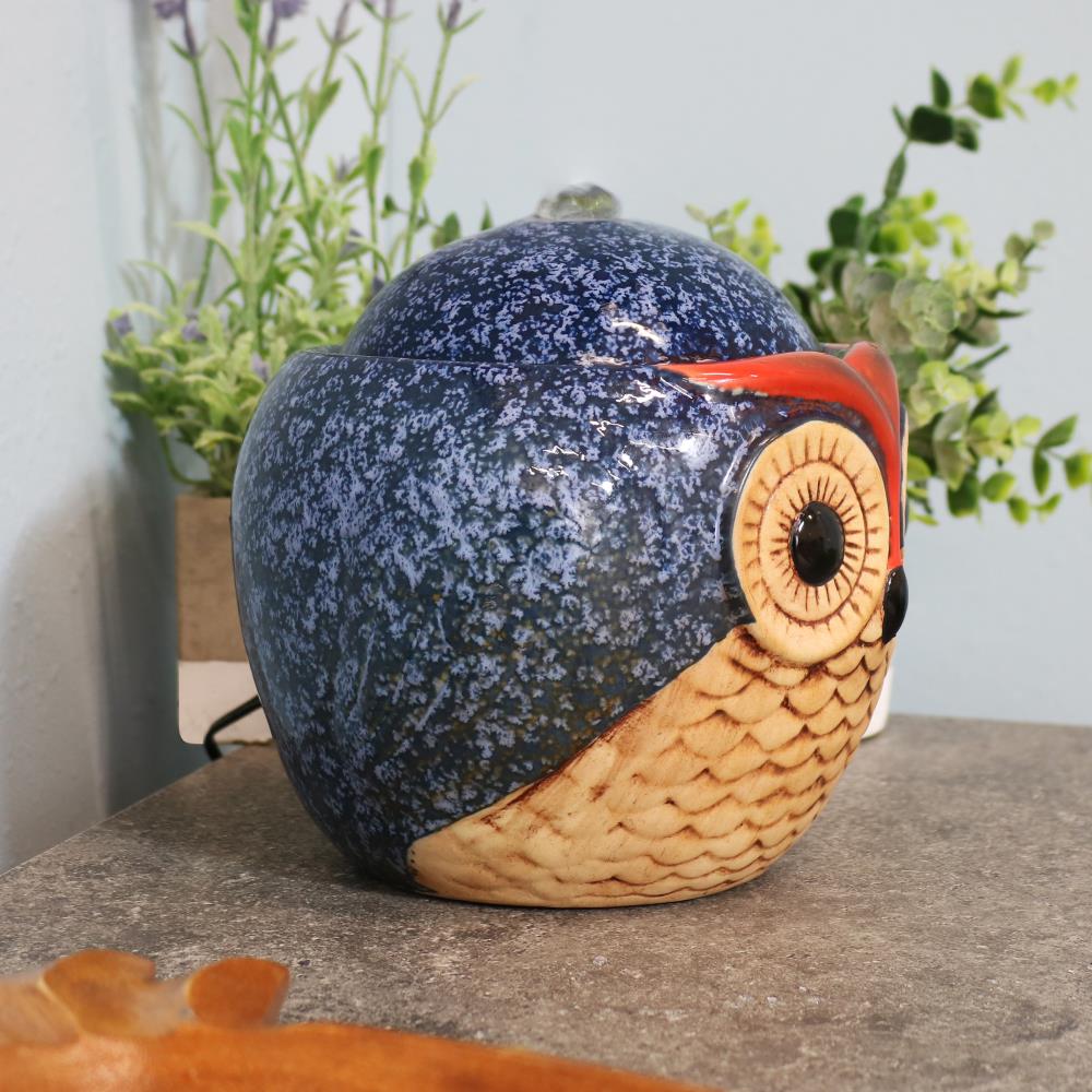 Whimsical Blue and Brown Ceramic Owl Tabletop Fountain