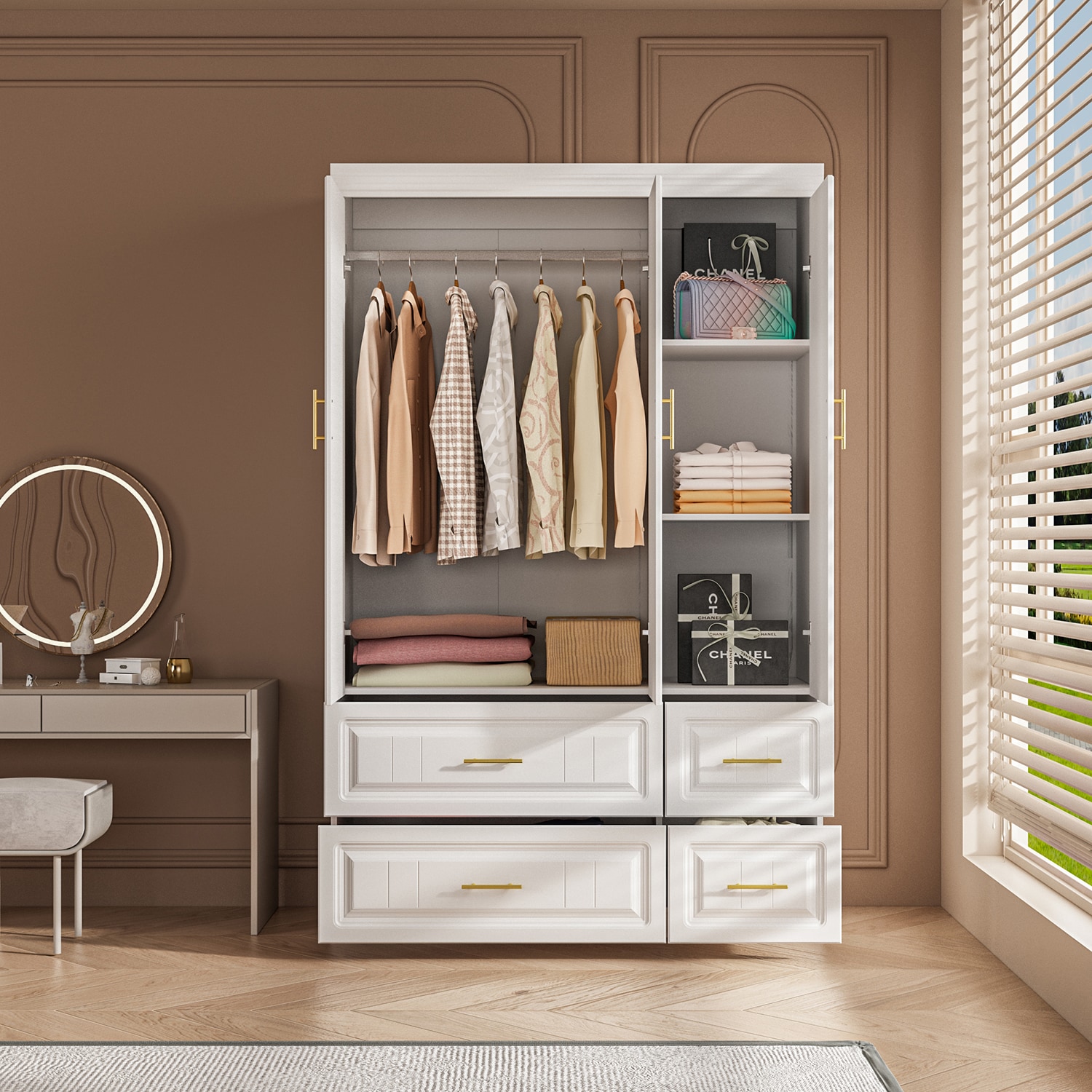 Metal in with Wardrobe Slide Spaces Contemporary FUFU&GAGA 3-Door at and Rails Finish, Multiple department Drawers White 4 Armoires - the Closet Storage