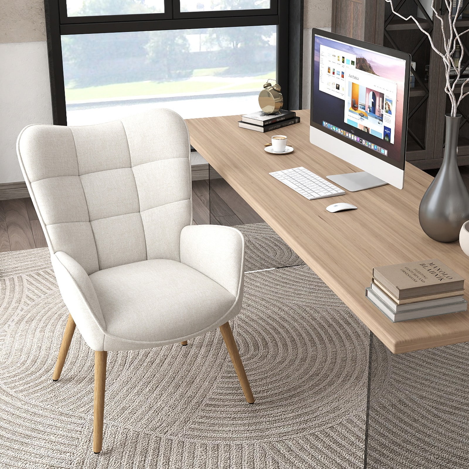 Homy Casa KGAMT CREAM KGAMT Gaming Chair Upholstered in Cream Fabric with Wingback Design High Back Ergonomic Support and Adjustable Foot Pads