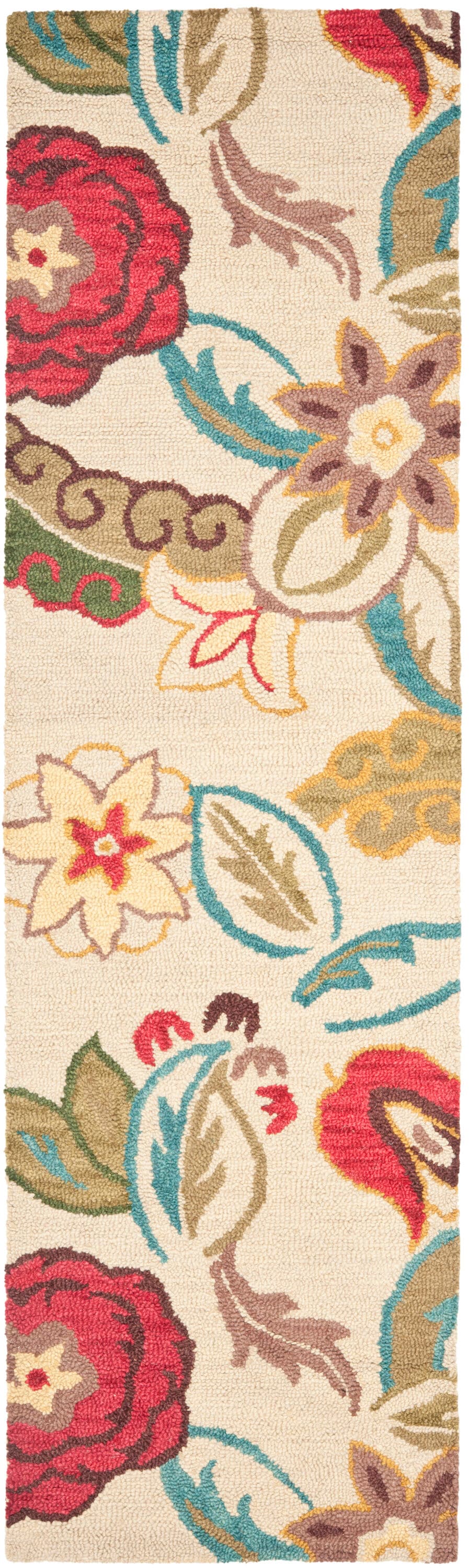Handmade Beige and Multicolor Wool Floral Runner Rug