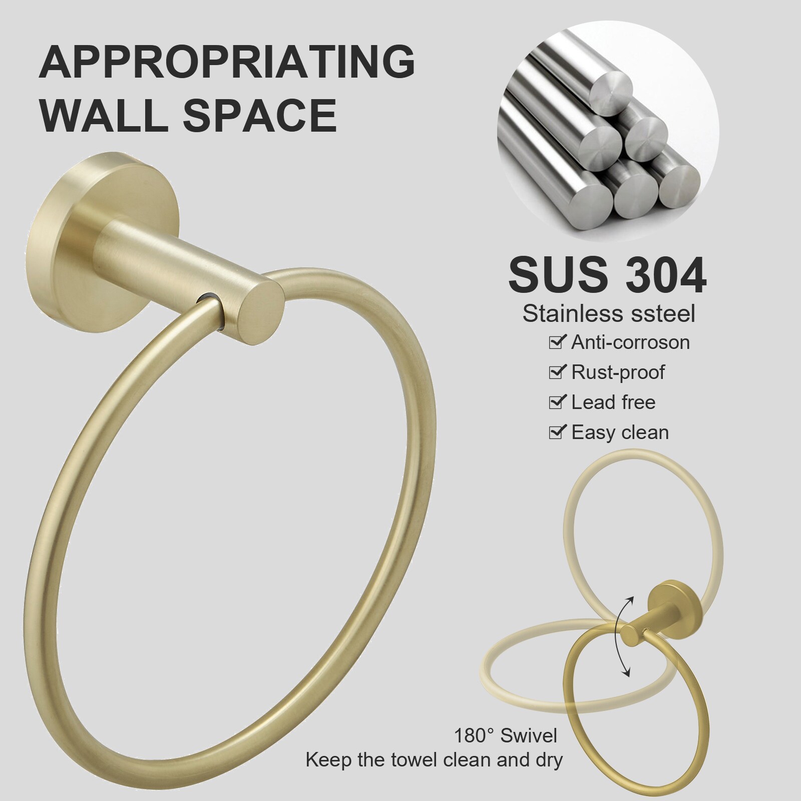 Brushed Gold 5-Piece Stainless Steel Bathroom Hardware Set