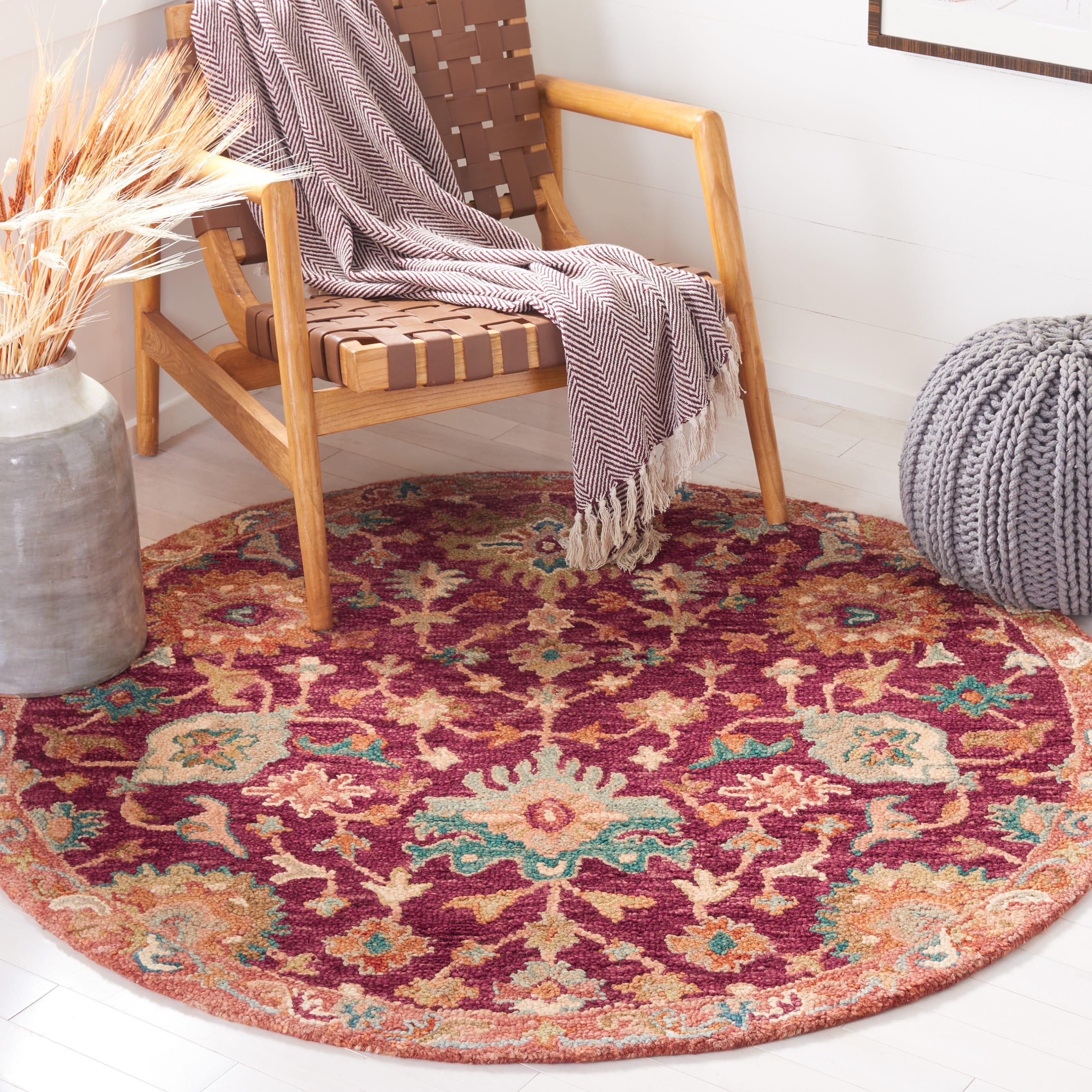  Aspen 144 Red/Pink Traditional 5ft x 5ft Round Rug