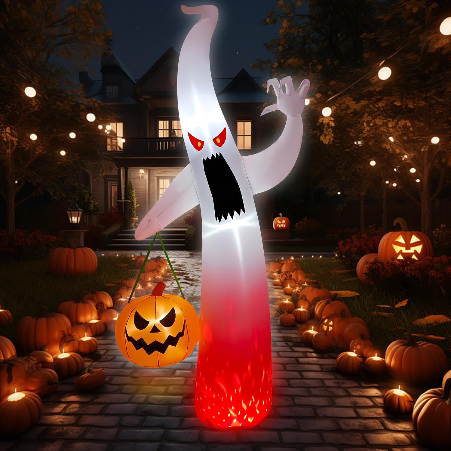 Seasonblow 10 Ft Tall Halloween Inflatable Terrible Ghost with Pumpkin LED Light Up Blow Up Yard Decoration for Indoor Outdoor Lawn Garden