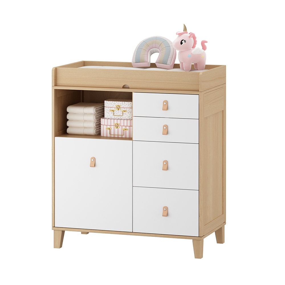 Homsee C-KF180097-03 Scandinavian White and Natural Wood Baby Changing Dresser with 4 Drawers Side Cabinet and Open Cubby Nursery Changing Table with Waterproof Top and Recessed Guardrails