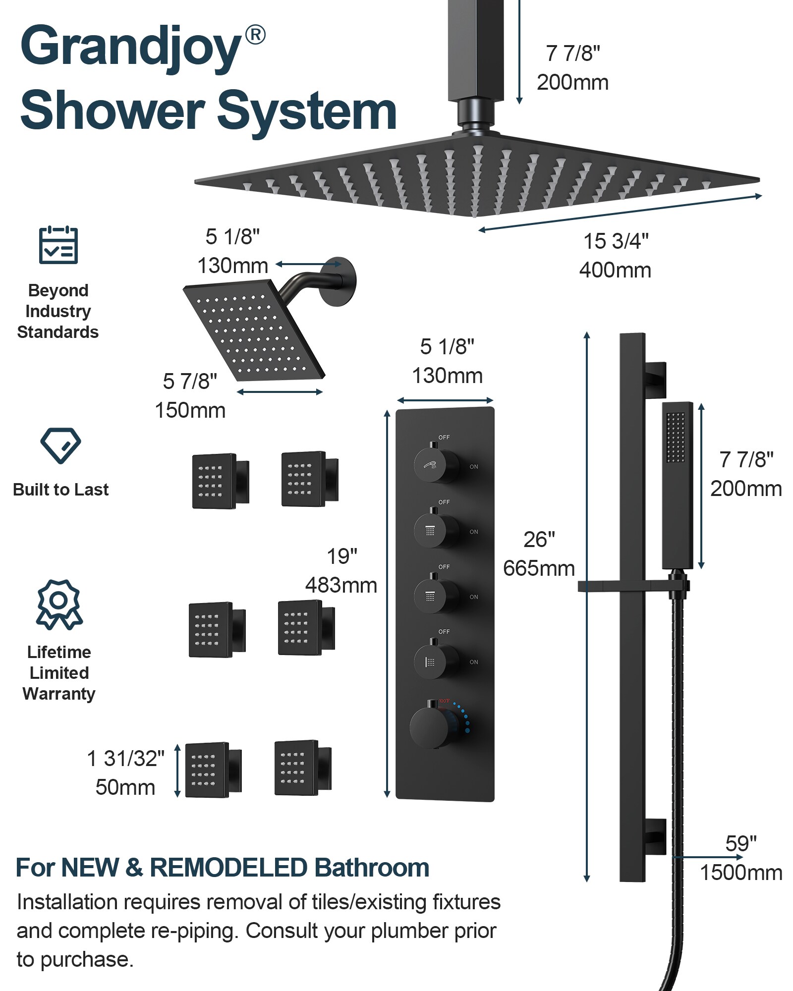 GRANDJOY SGF10GJ-31-BL16 Showerhead-Bar-Panels - View #11