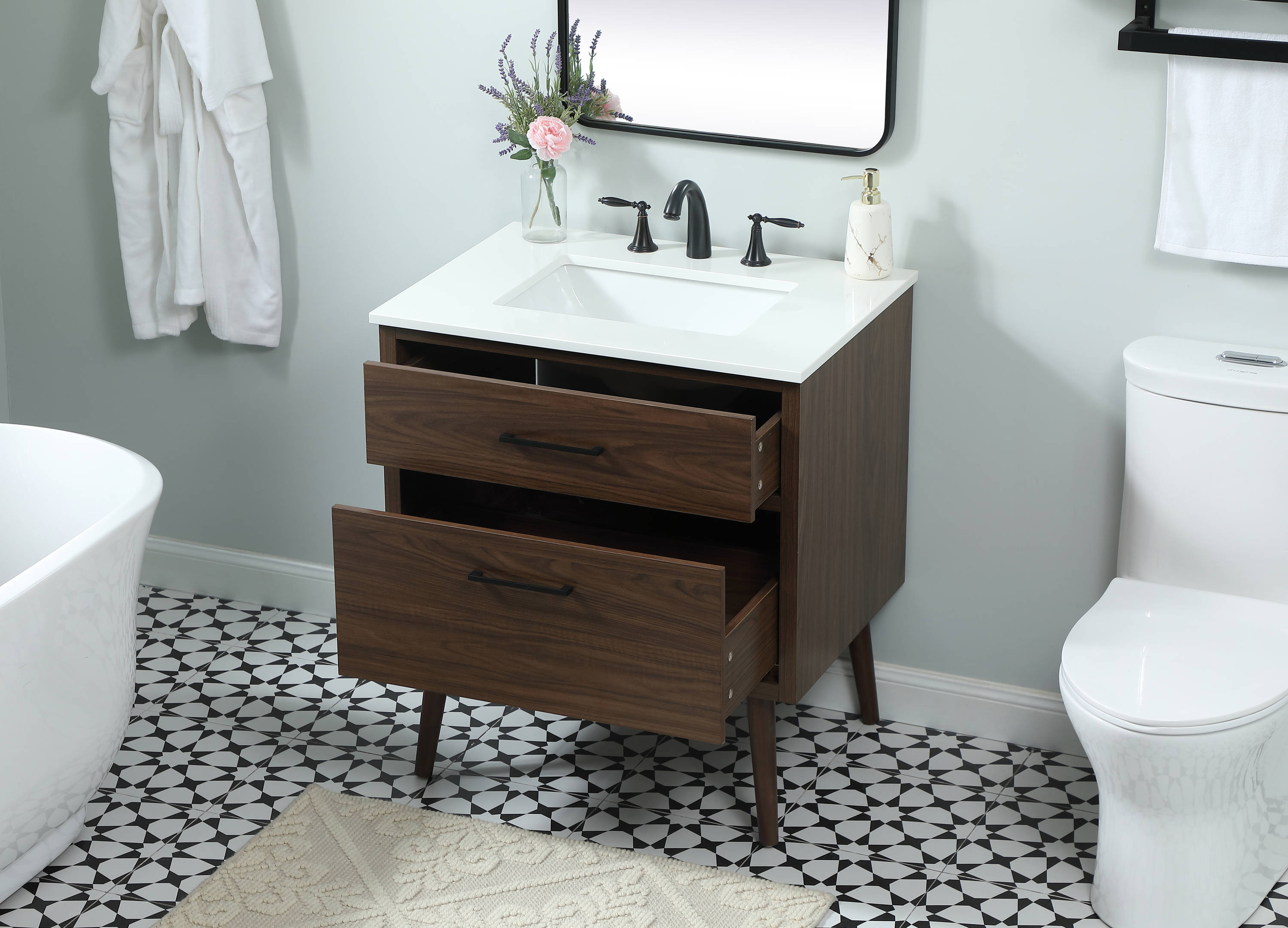 Walnut Mid-Century Modern Single Bathroom Vanity
